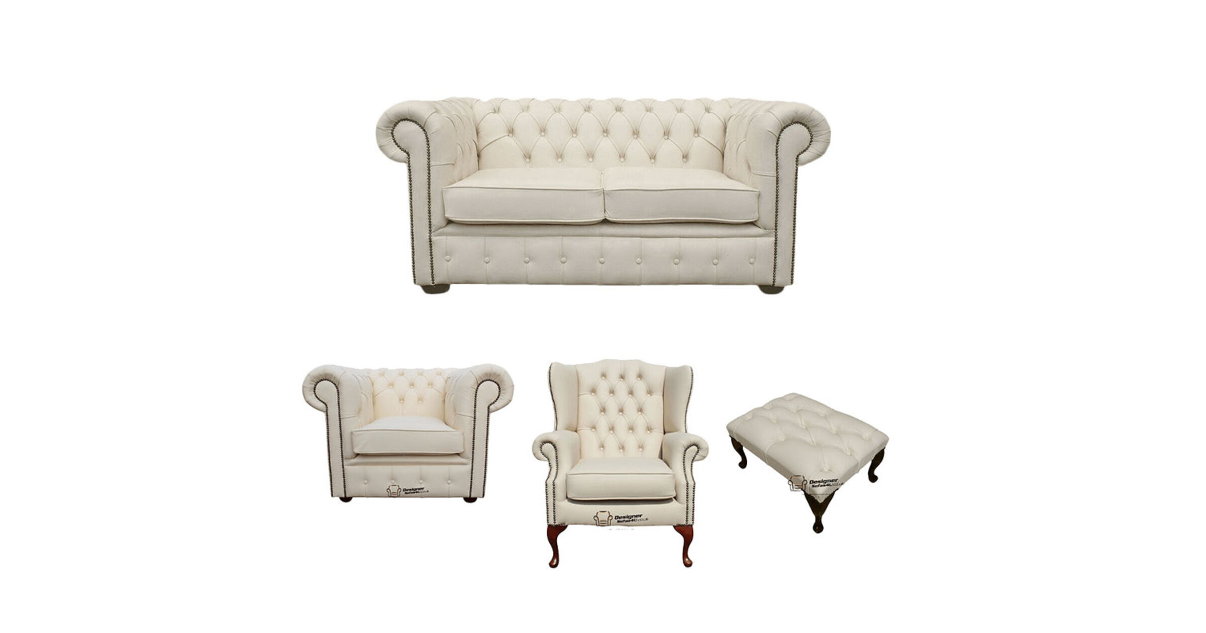 Chesterfield 2 Seater Sofa + Club Chair + Mallory Wing Chair + Footstool Leather Sofa Suite Offer Ivory