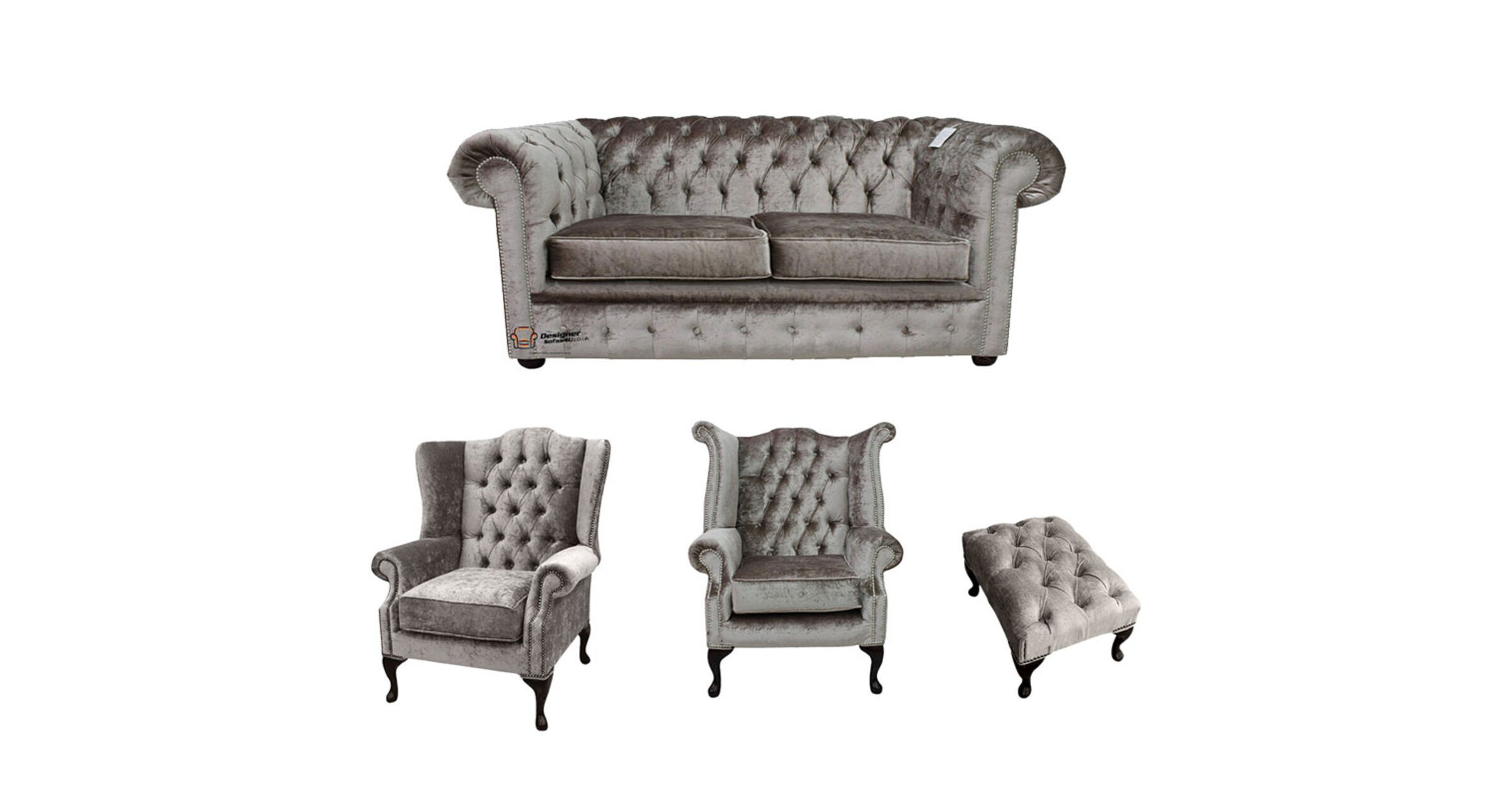 Chesterfield 2 Seater Sofa + Mallory Wing Chair + Queen Anne Chair + Footstool Boutique Beige Velvet Sofa Suite Offer