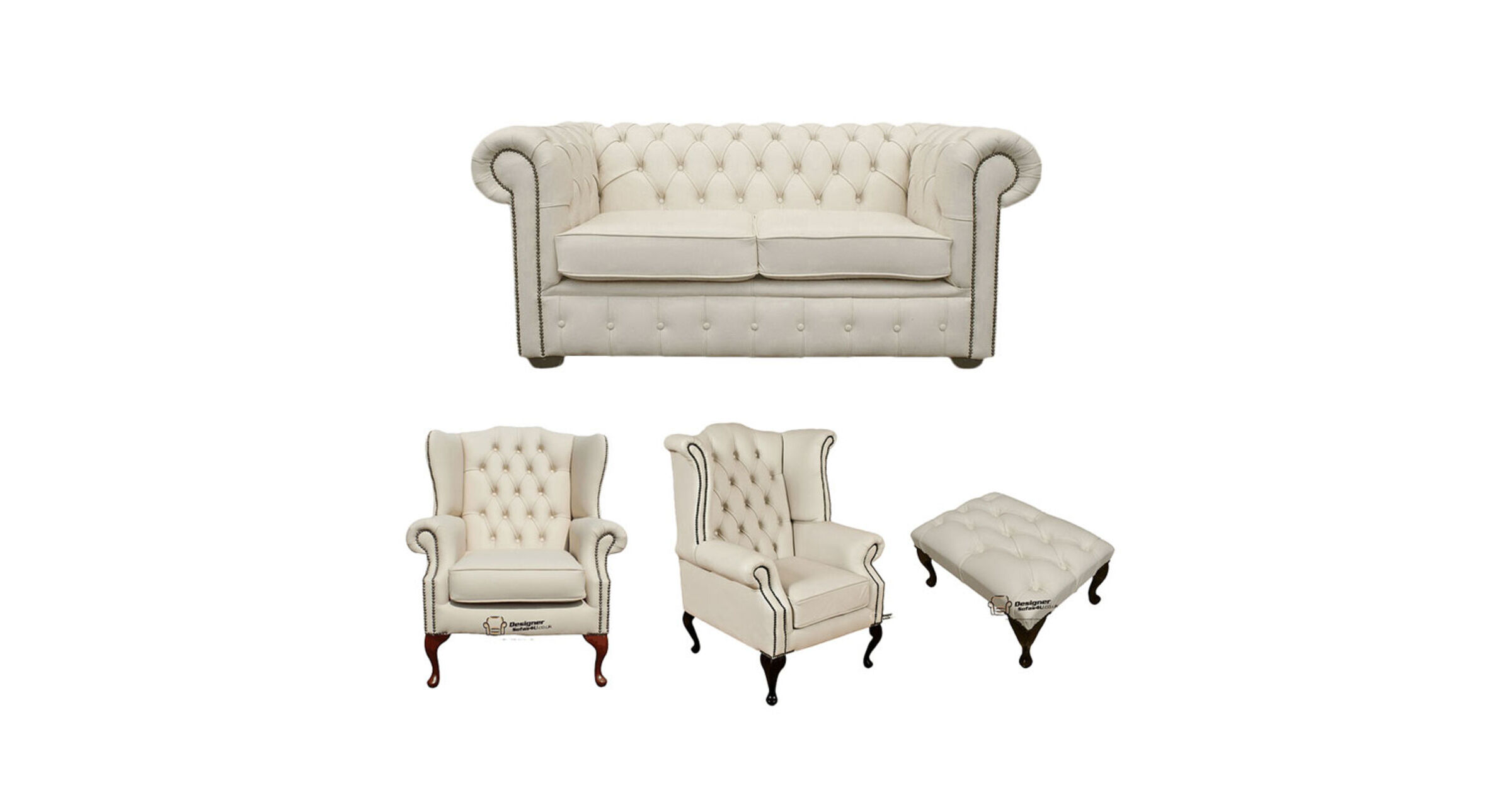 Chesterfield 2 Seater Sofa + 1 x Mallory Wing Chair + 1 x Queen Anne Wing Chair+footstool Leather Sofa Suite Offer Ivory