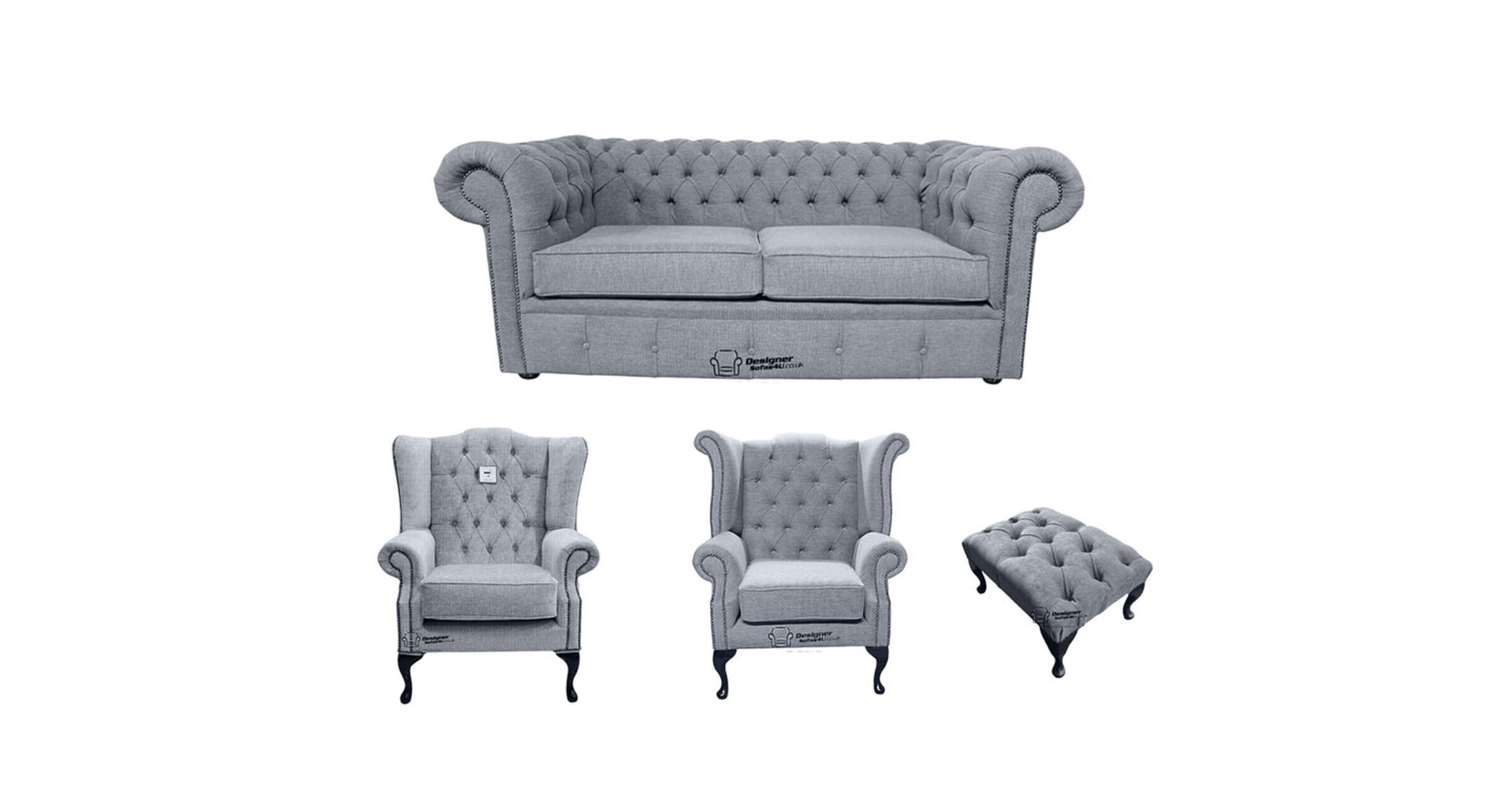 Chesterfield 2 Seater Sofa + 1 x  Mallory Wing Chair + 1 x Queen Anne Wing Chair + Footstool Verity Plain Steel Fabric Sofa Suite Offer