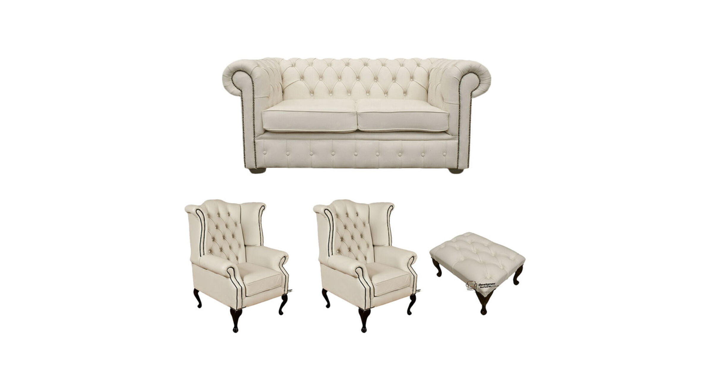 Chesterfield 2 Seater Sofa + 2 x Queen Anne Chairs+­Footstool Leather Sofa Suite Offer Ivory