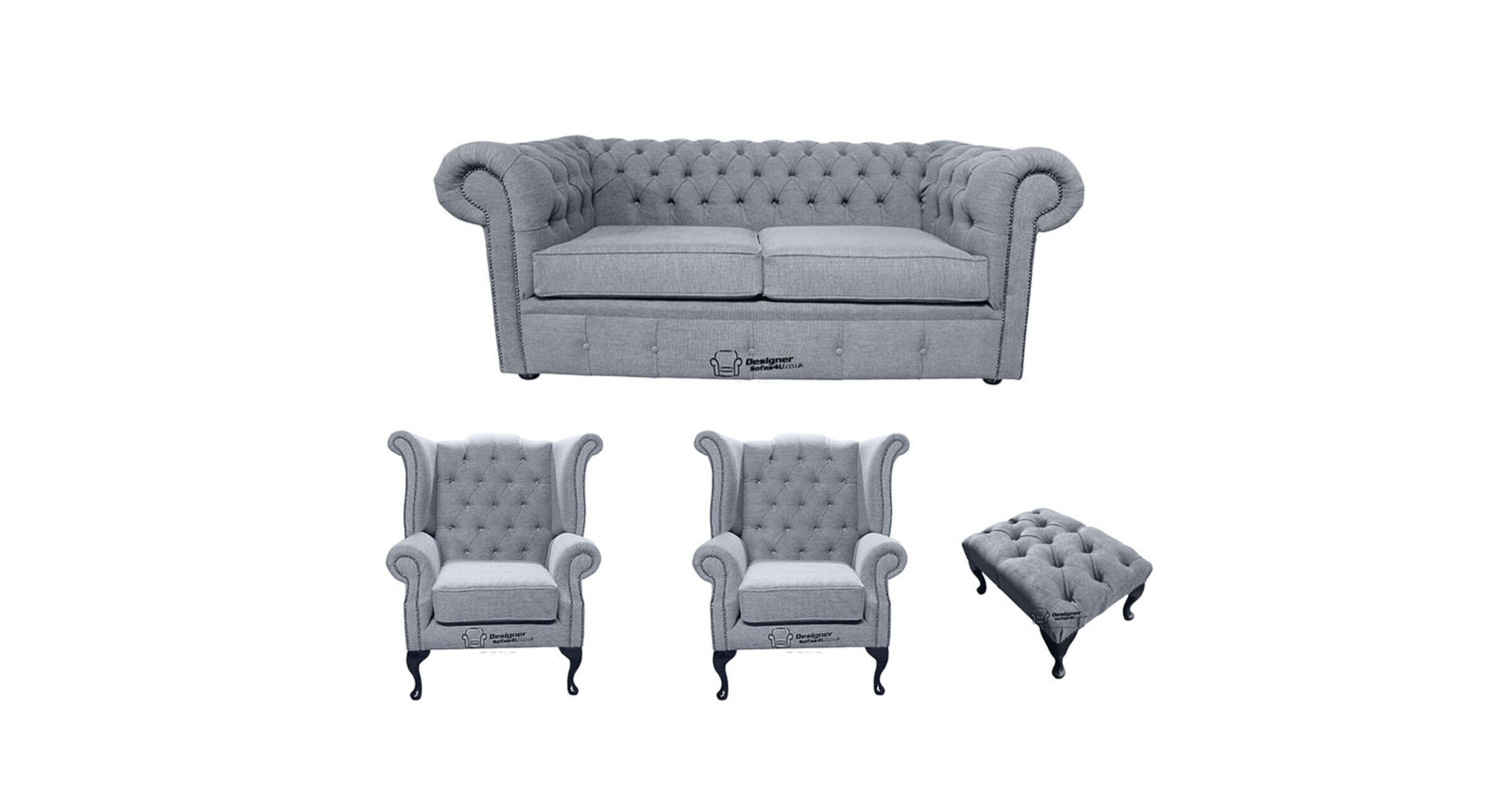 Chesterfield 2 Seater Sofa + 2 x Queen Anne Wing Chairs + Footstool Verity Plain Steel Fabric Sofa Suite Offer