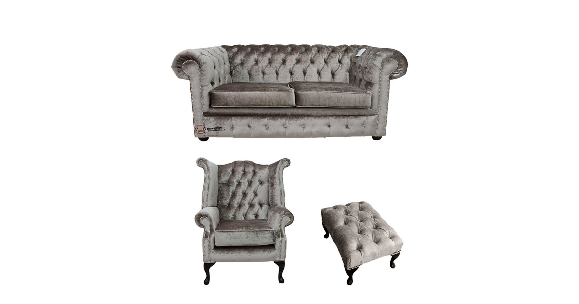 Chesterfield 2 Seater Sofa + Queen Anne Chair + Footstool Boutique Beige Velvet Sofa Suite Offer