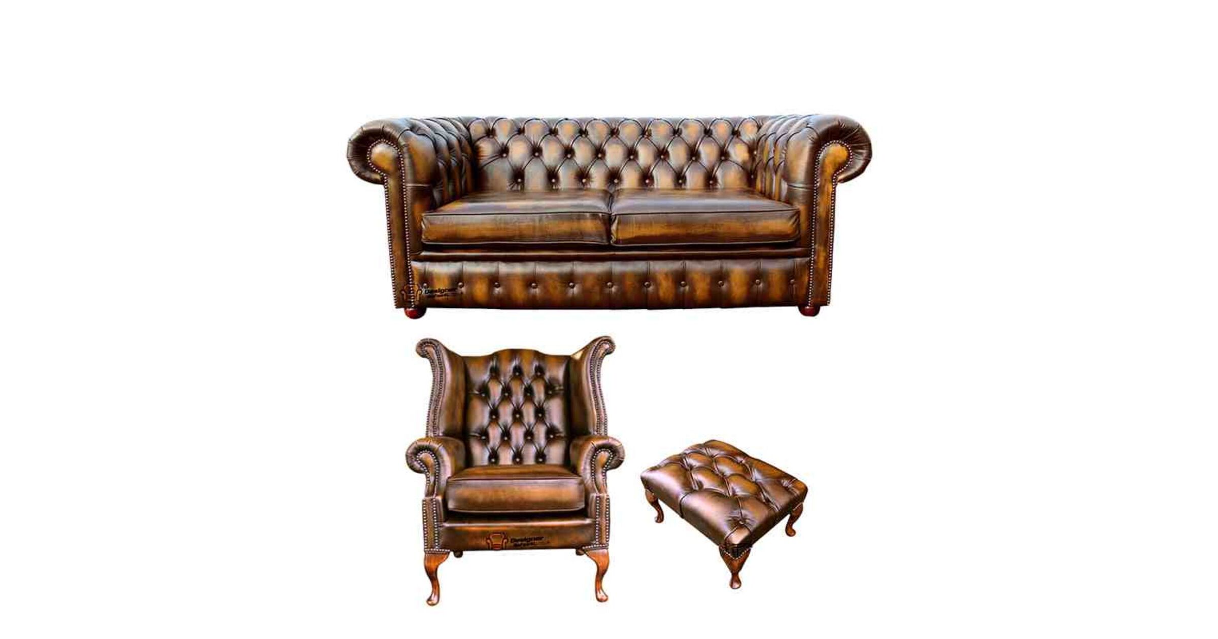 Chesterfield 2 Seater Sofa + Queen Anne + Footstool Leather Sofa Suite Offer Antique Gold