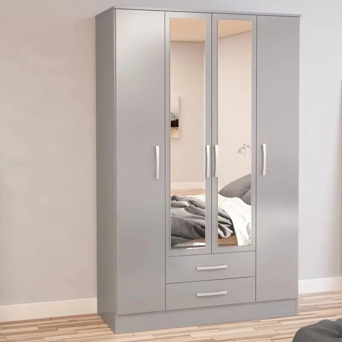 Birlea Lynx 4 Door 2 Drawer Mirrored Wardrobe – Grey