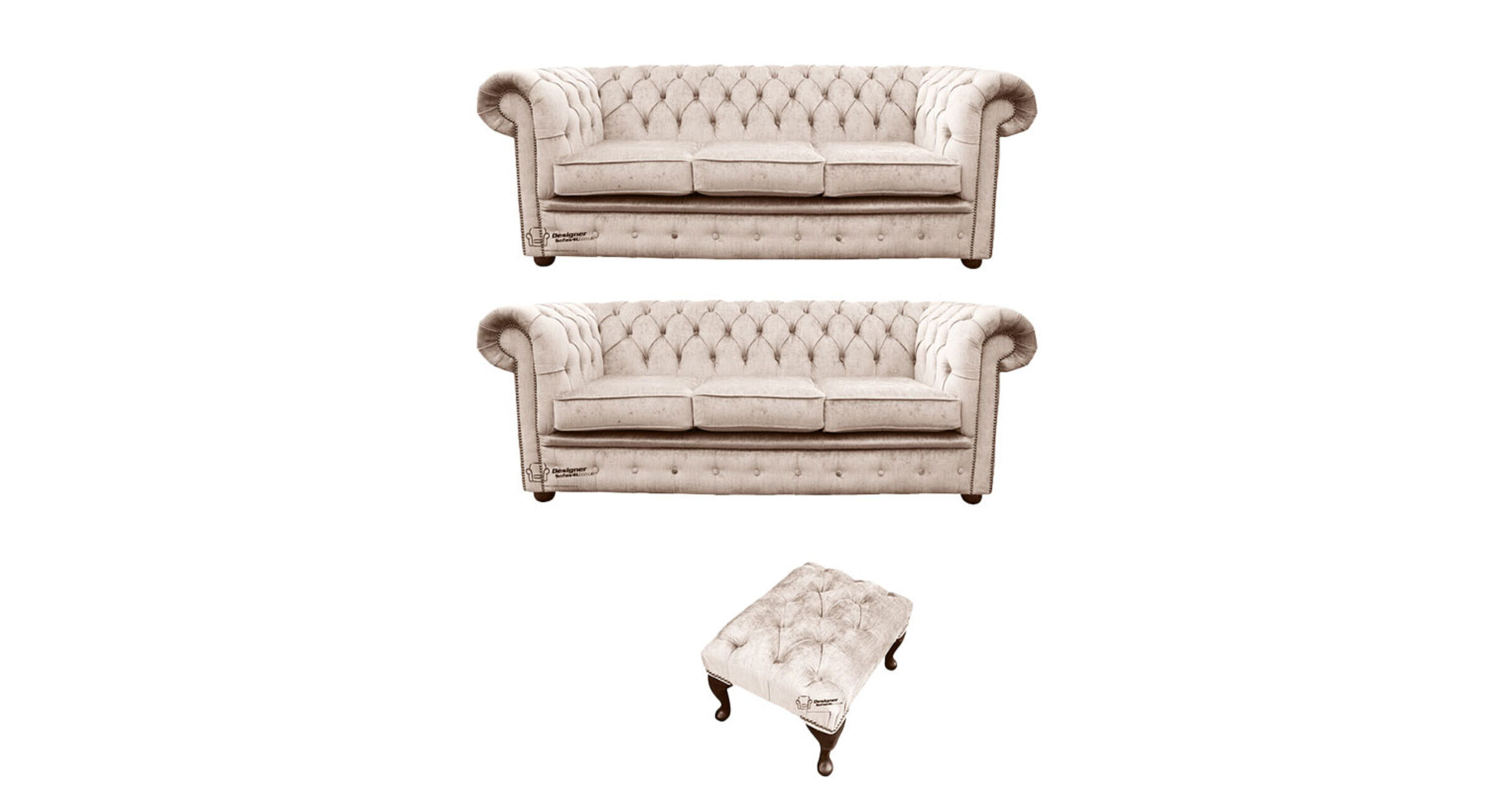 Chesterfield 3 Seater + 3 Seater Settee + Footstool Harmony Ivory Velvet Sofa Suite Offer