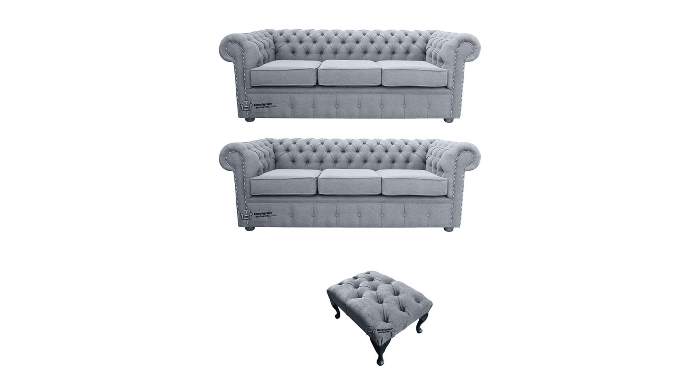 Chesterfield 3 Seater + 3 Seater Settee + Footstool Verity Plain Steel Fabric Sofa Suite Offer