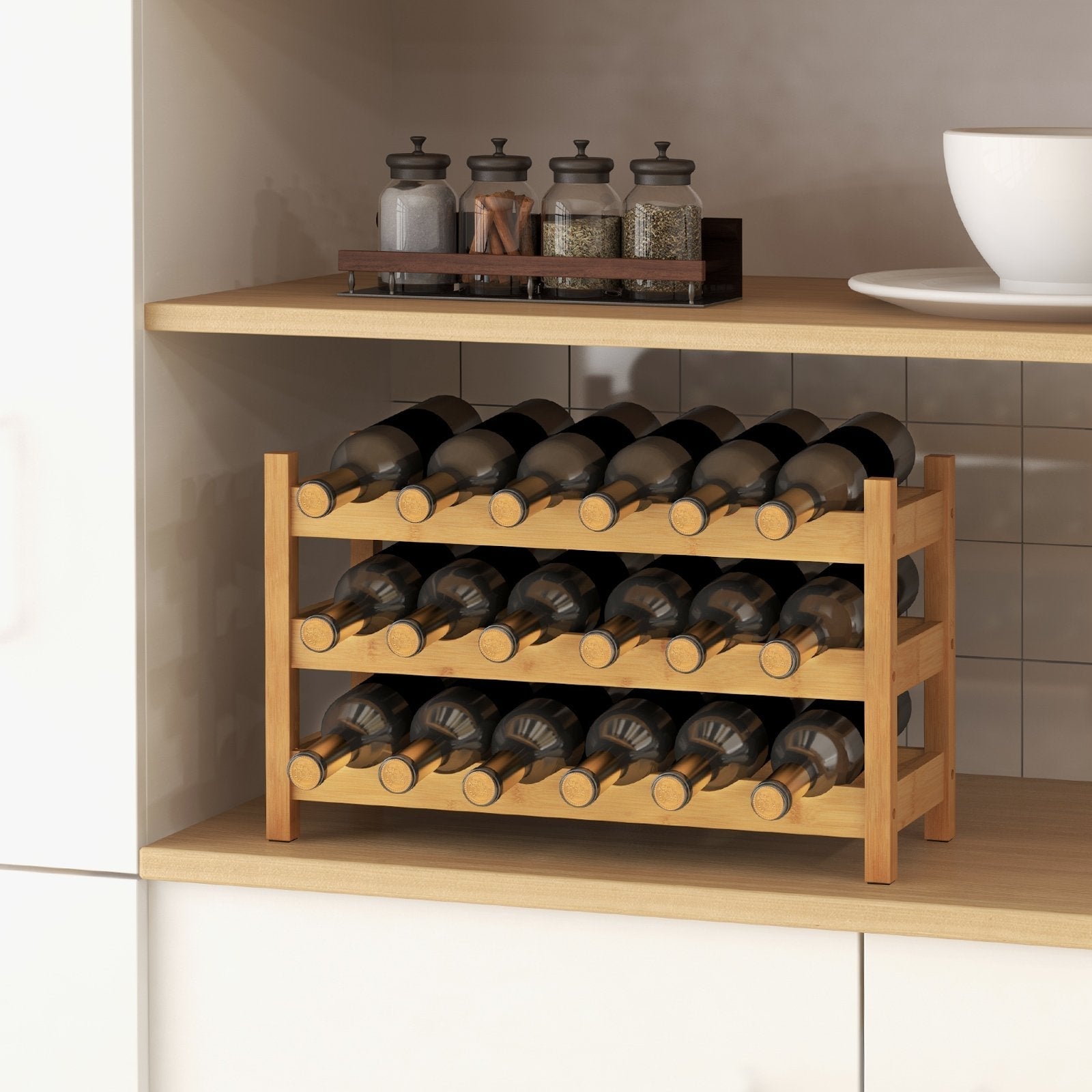 3-Tier Bamboo Wine Rack with Wave Slot for Kitchen-Natural