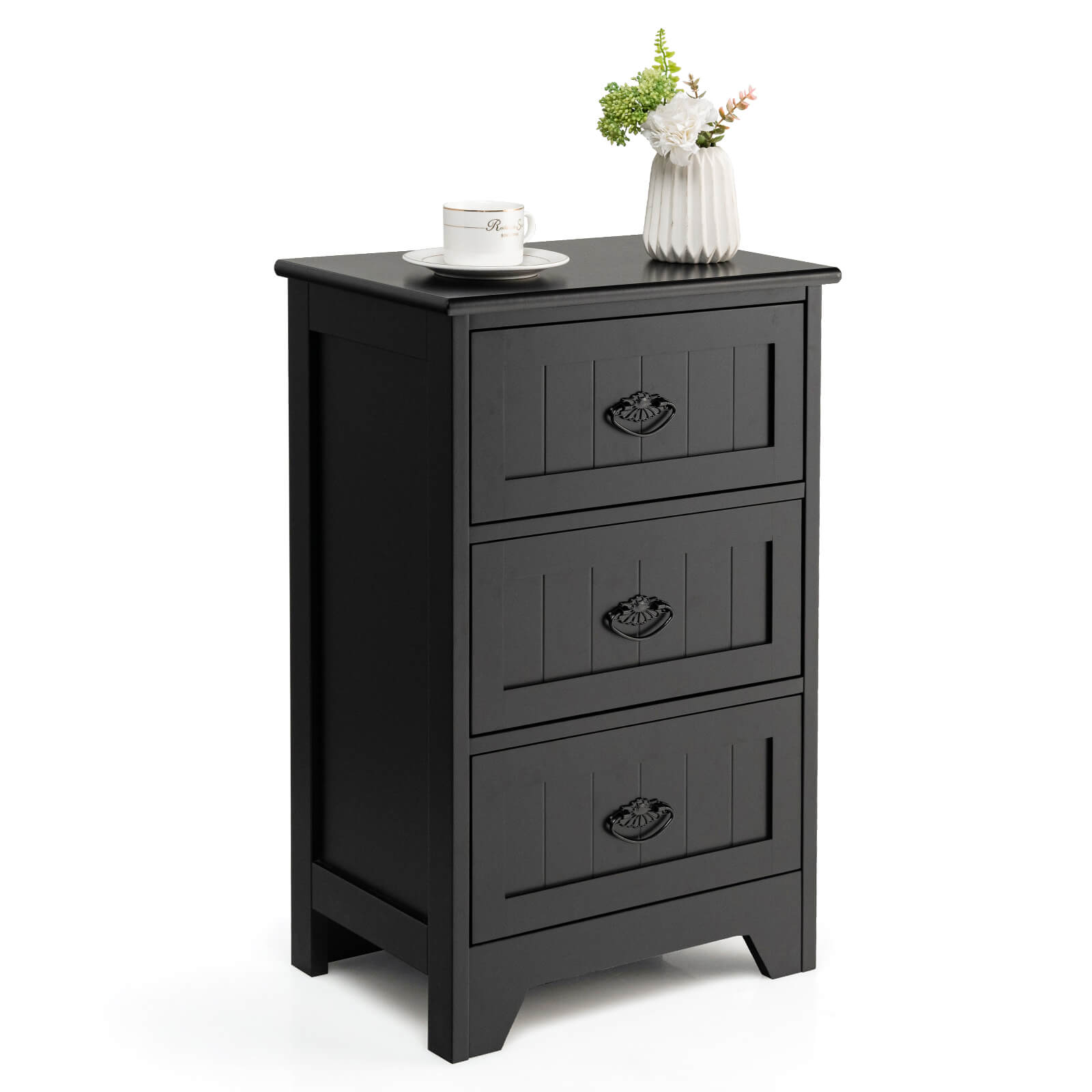 3-Tier Vintage Nightstand with Exquisite Metal Handles-Black