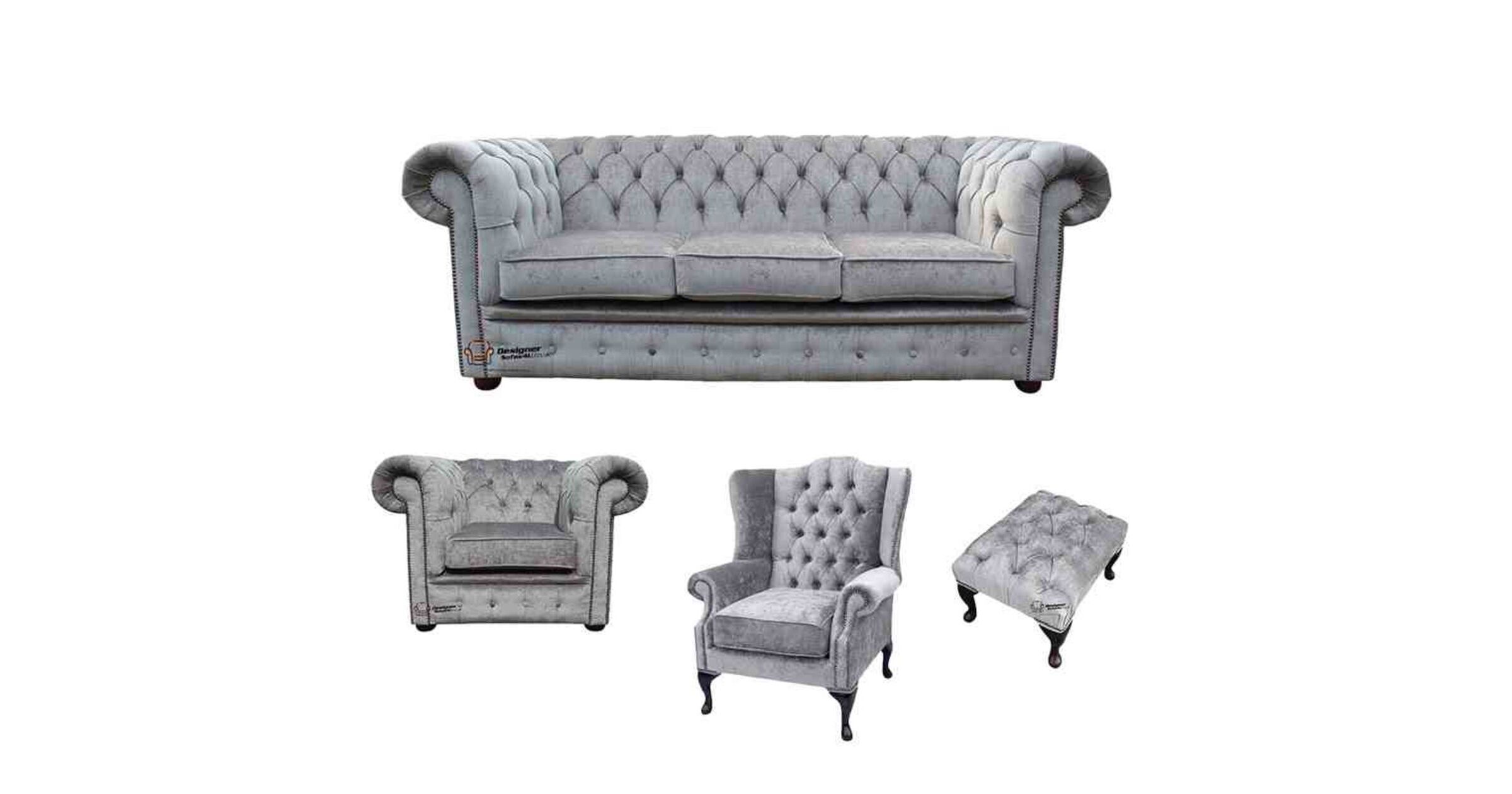 Chesterfield 3 Seater Sofa + Club Chair + Mallory Wing Chair+Footstool Harmony Ivory Velvet Sofa Suite Offer