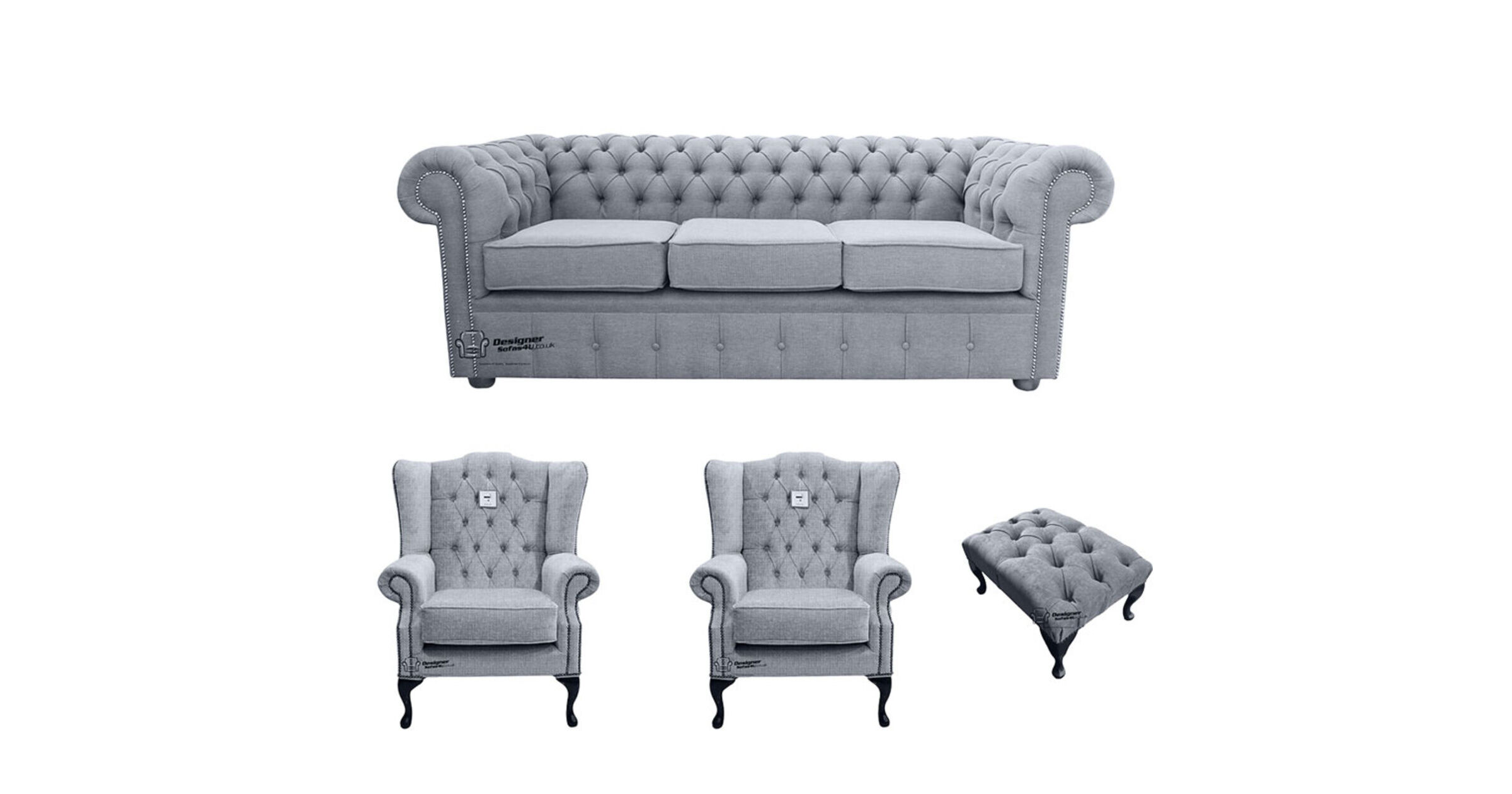 Chesterfield 3 Seater Sofa + 2 x Mallory Wing Chairs + Footstool Verity Plain Steel Fabric Sofa Suite Offer