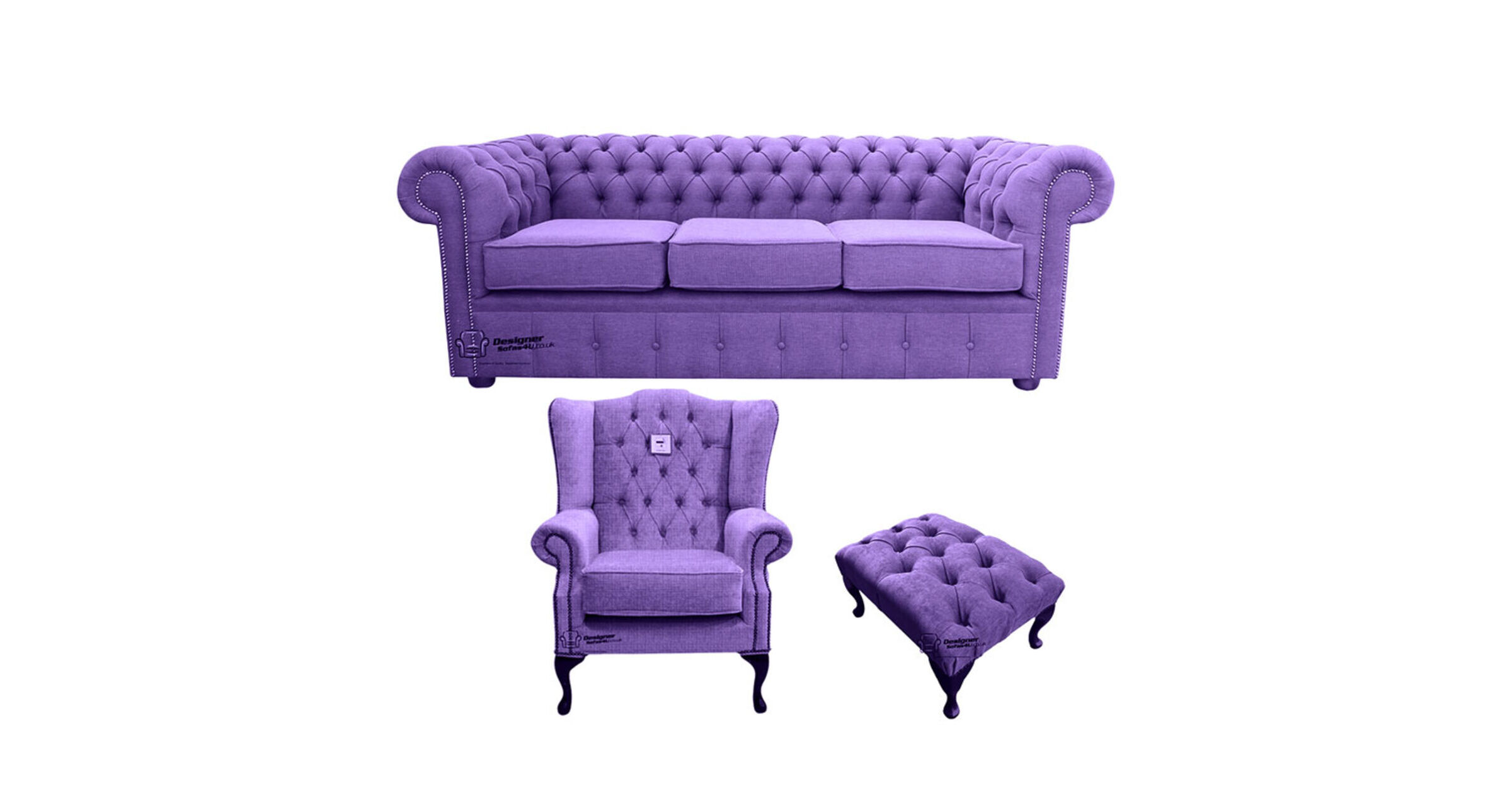 Chesterfield 3 Seater Sofa + Mallory Wing Chair + Footstool Verity Purple Fabric Sofa Suite Offer