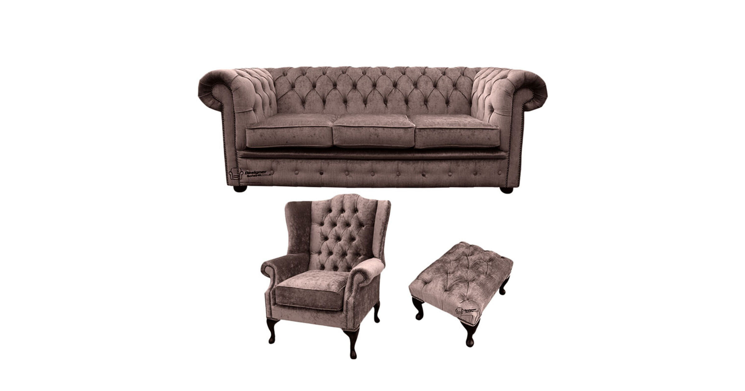 Chesterfield 3 Seater Sofa + Mallory Wing Chair + Footstool Harmony Charcoal Velvet Sofa Suite Offer