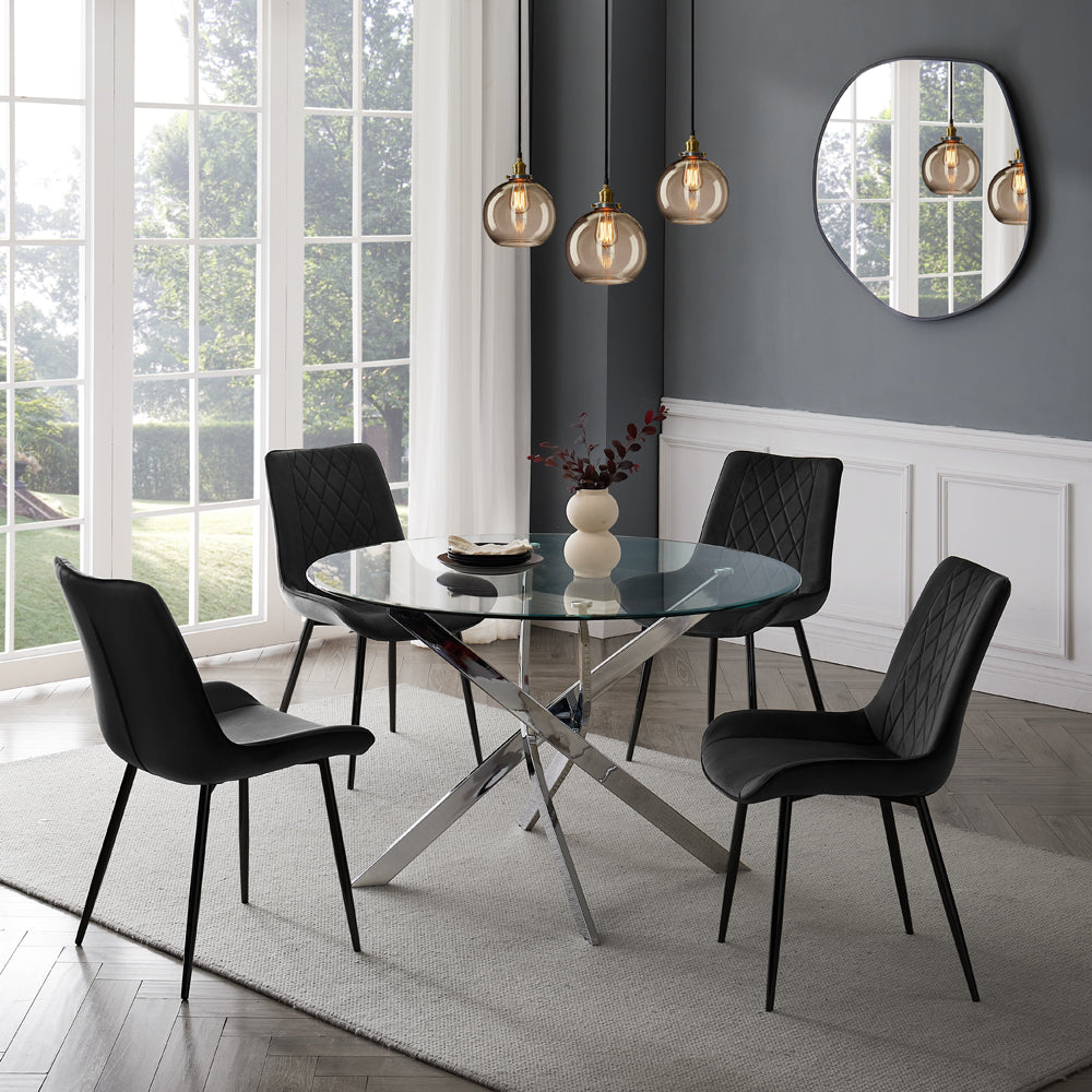 Livorno Silver Leg Glass Dining Table & 4 Almeria Chairs, Black with Black Legs