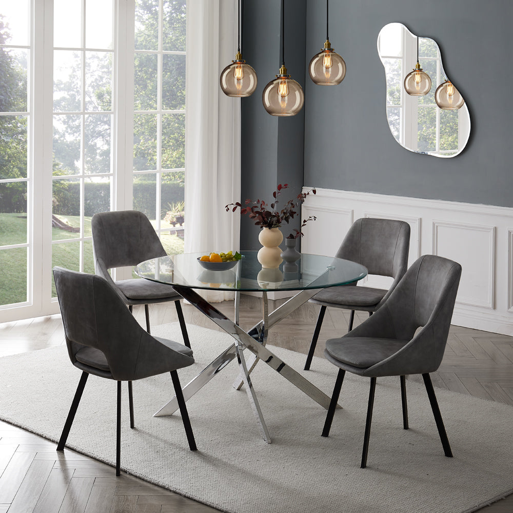 Livorno Silver Leg Glass Dining Table & 4 Bilbao Chairs, Dark Grey Velvet