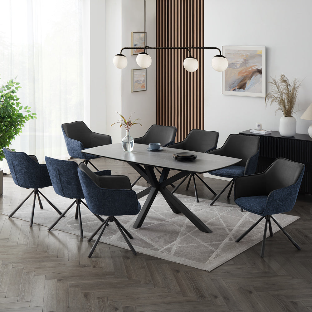 Verona Grey 180cm Ceramic Dining Table & 8 Porto Swivel Chairs, Grey/Blue