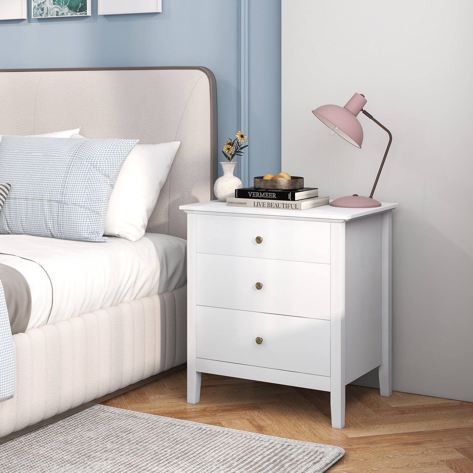 3-Drawer Wooden Nightstand with Storage and Wood Finish-White