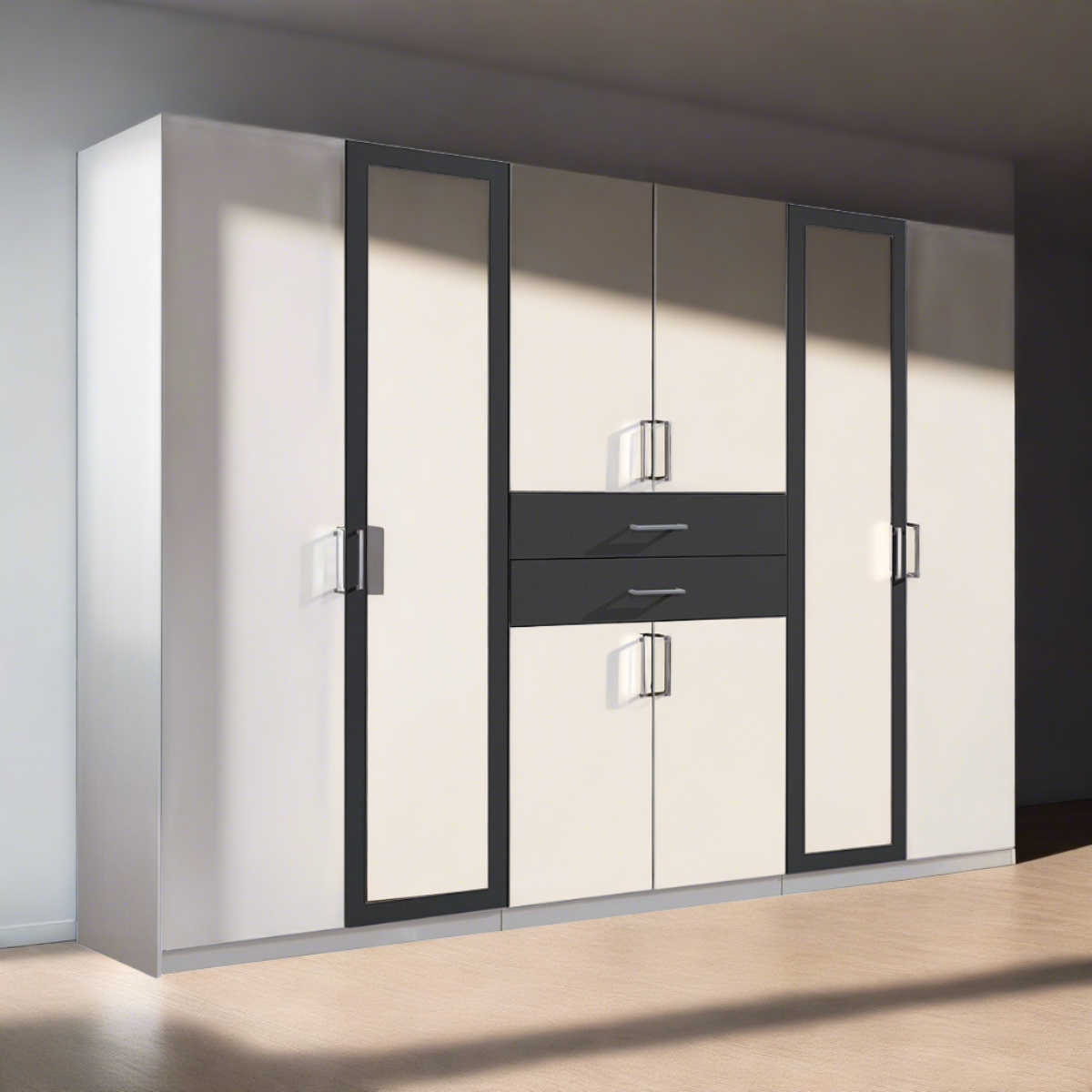 Dakar 6 Door Mirrored Wardrobe – White And Graphite