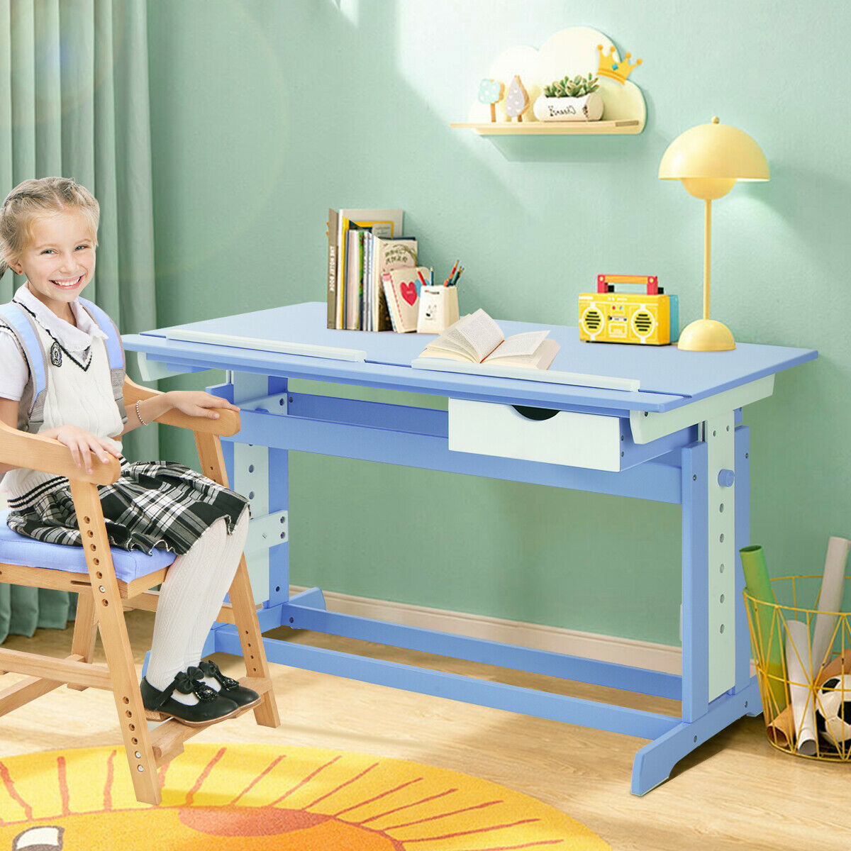 Children’s Height Adjustable Tilting Drawing Table with Storage-Blue