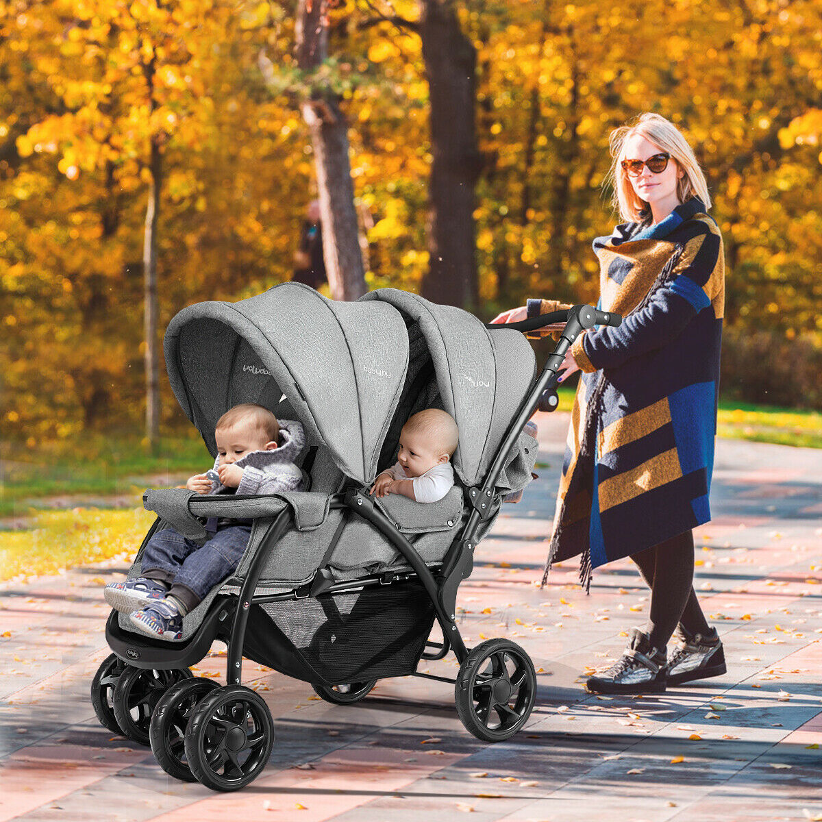 Double Pushchair with Adjustable Backrest and Sunshade-Grey