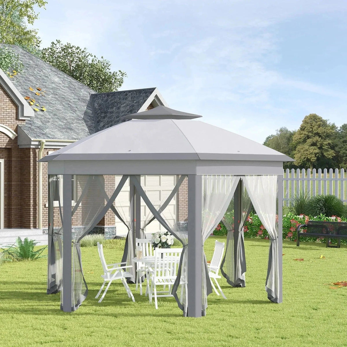 Grey 13 x 13 ft (4 x 4 m) Pop Up Hexagon Gazebo with Double Roof and Netting – Outsunny