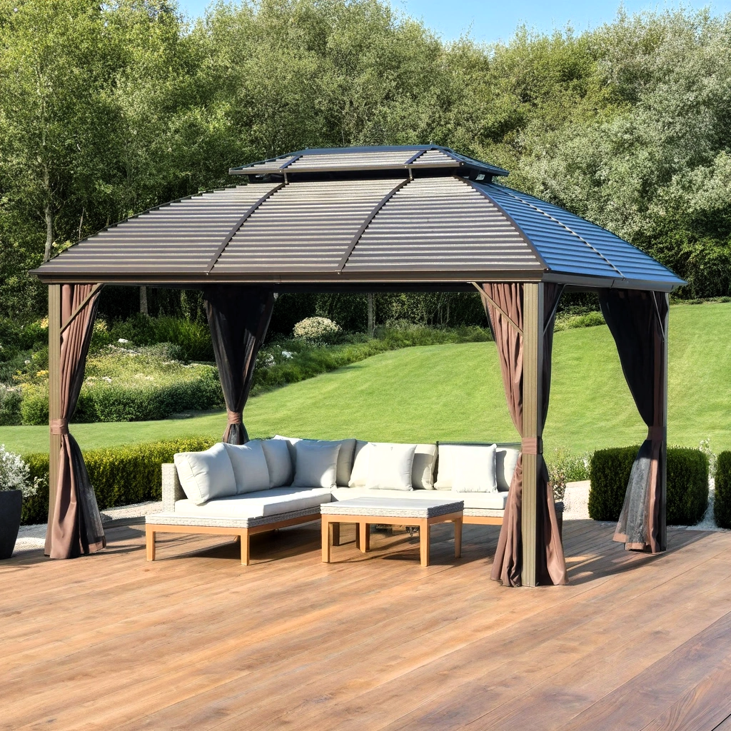 12 x 10 ft (3.65 x 3 m) Metal Hardtop Roof Gazebo with Aluminium Frame, Netting and Curtains – Brown – Outsunny