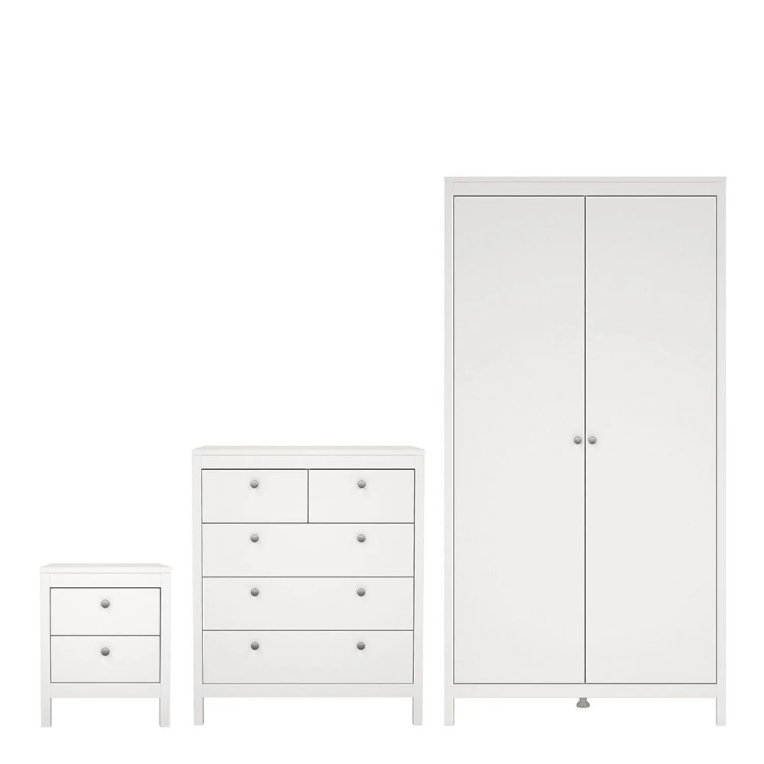 Madrid Package Bedside Table 2 drawers + Chest 3+2 drawer + Wardrobe with 2 doors in White