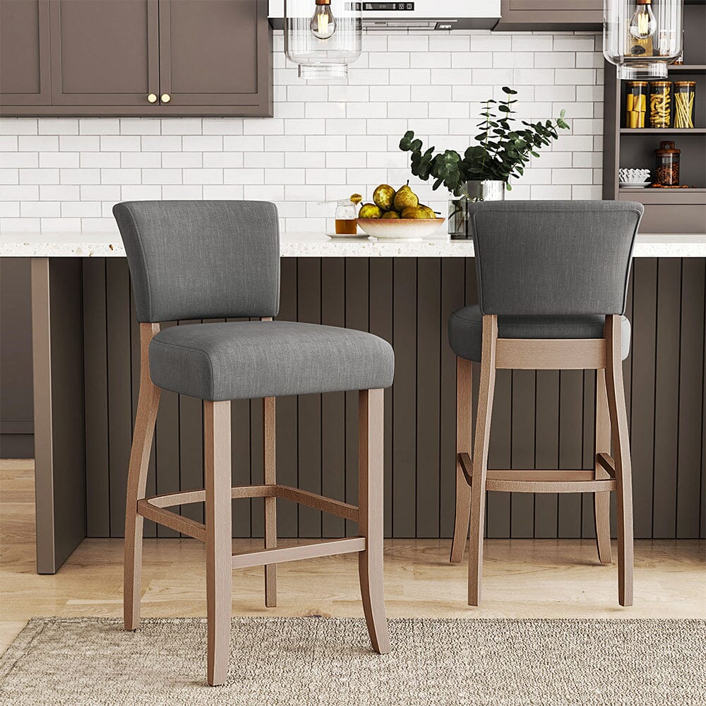 Set of 2 Linen Upholstered Bar Stool with Natural Wood Legs