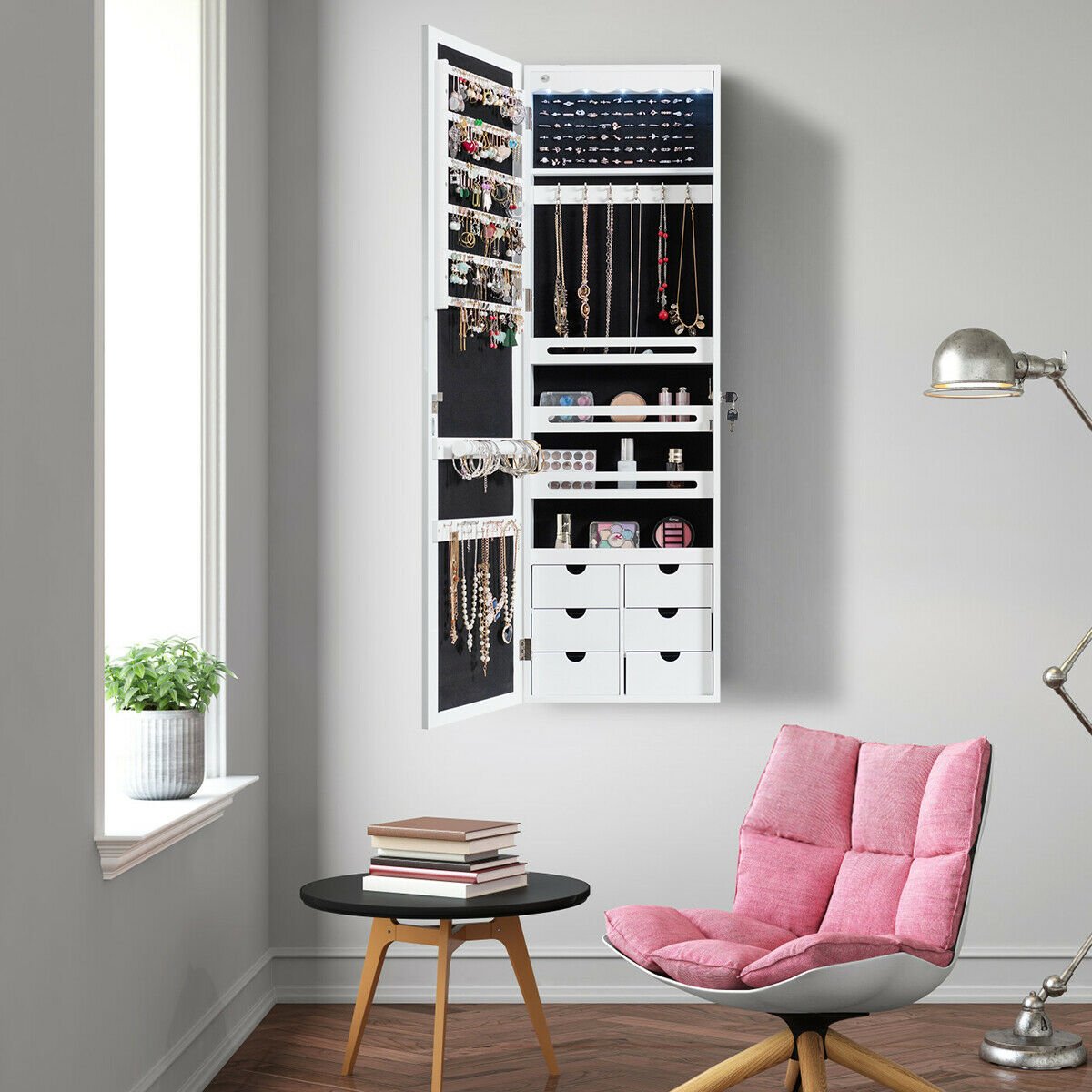 Wall Mounted Jewellery Armoire with Mirror and LED Light-White