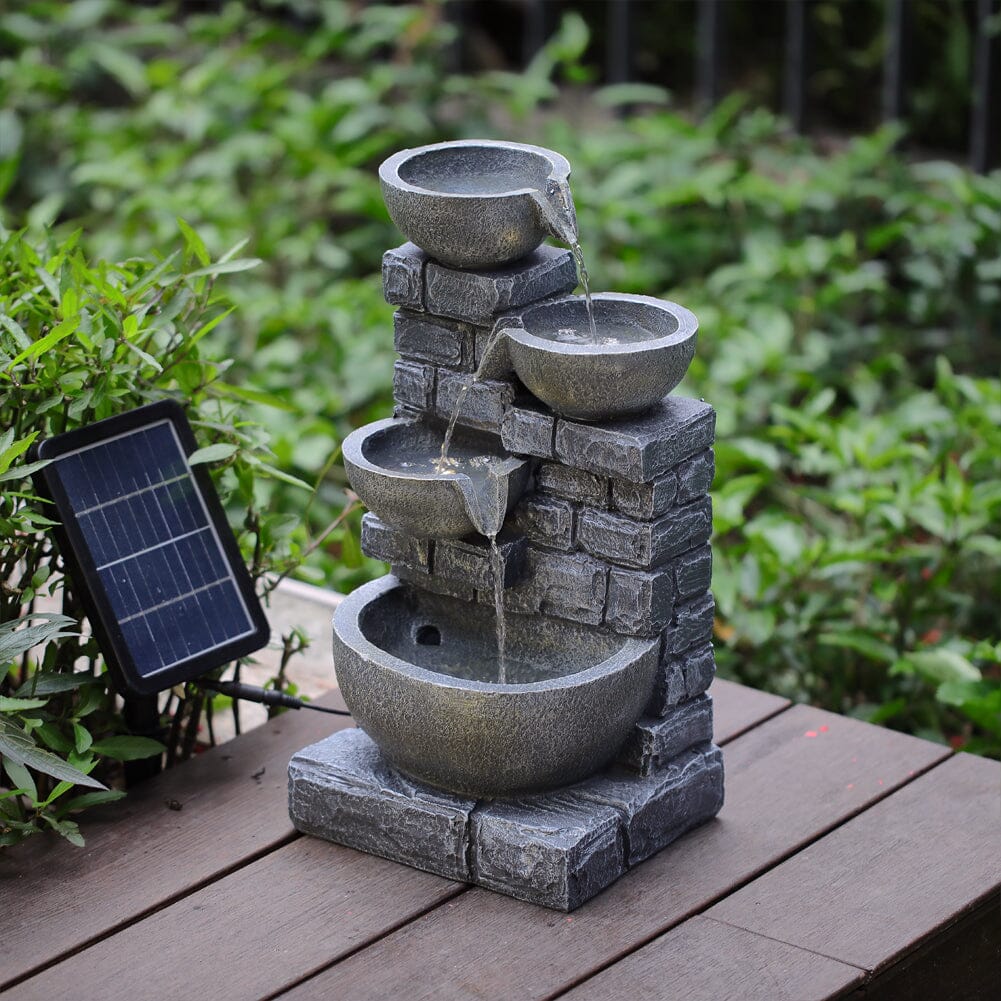 4 Tiers Rustic Solar Water Fountain with LED Lights