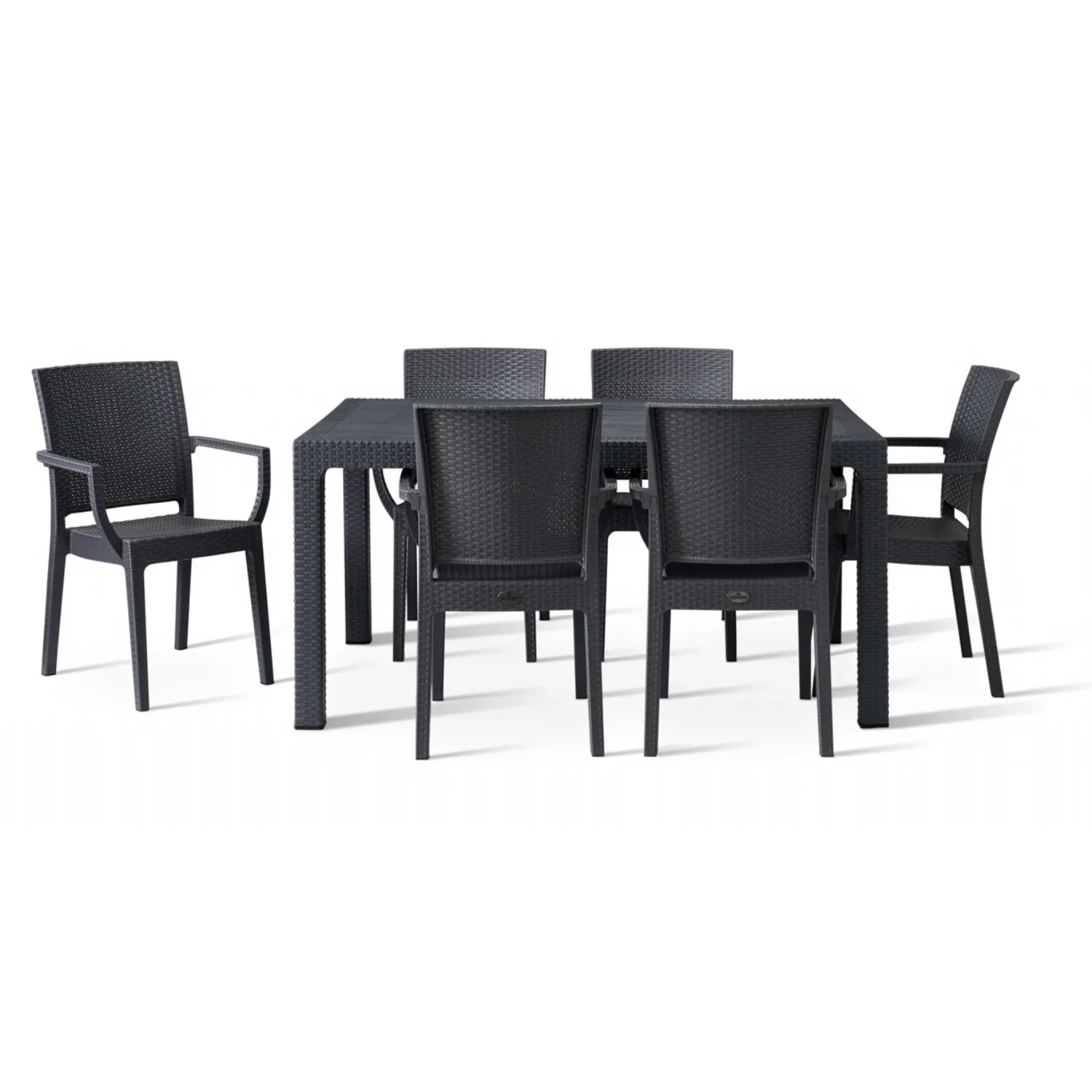 Outdoor 150cm Table and 6 Arm Chairs in Polypropylene Anthracite