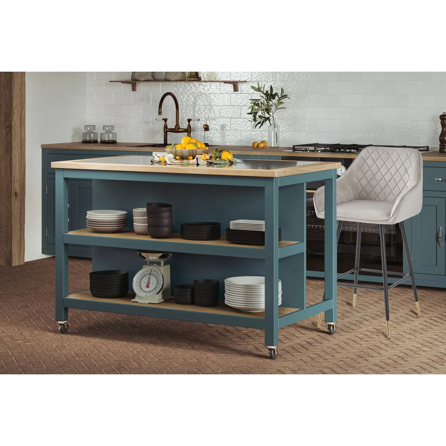 Kitchen Island (Blue) Open with Breakfast Bar