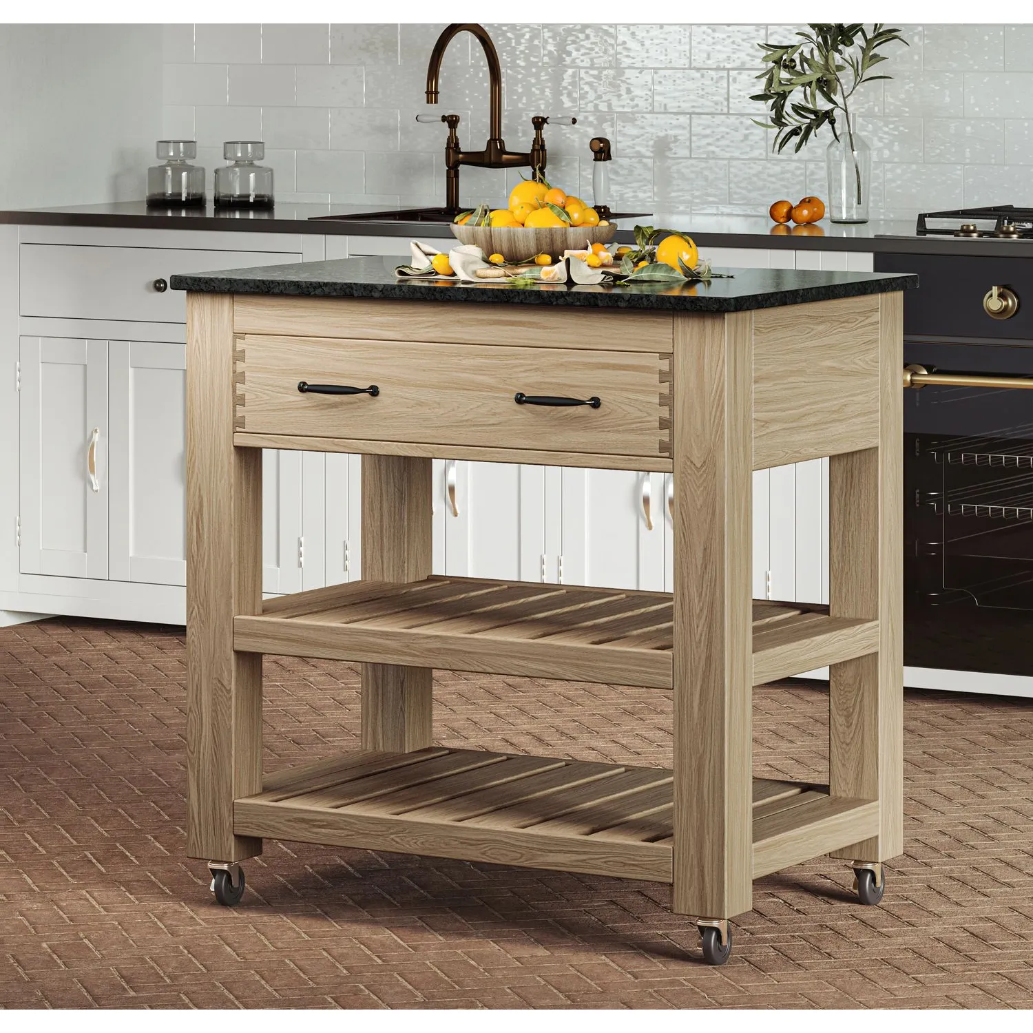 Kitchen Island (Oak) Two Drawer With Black Granite Top