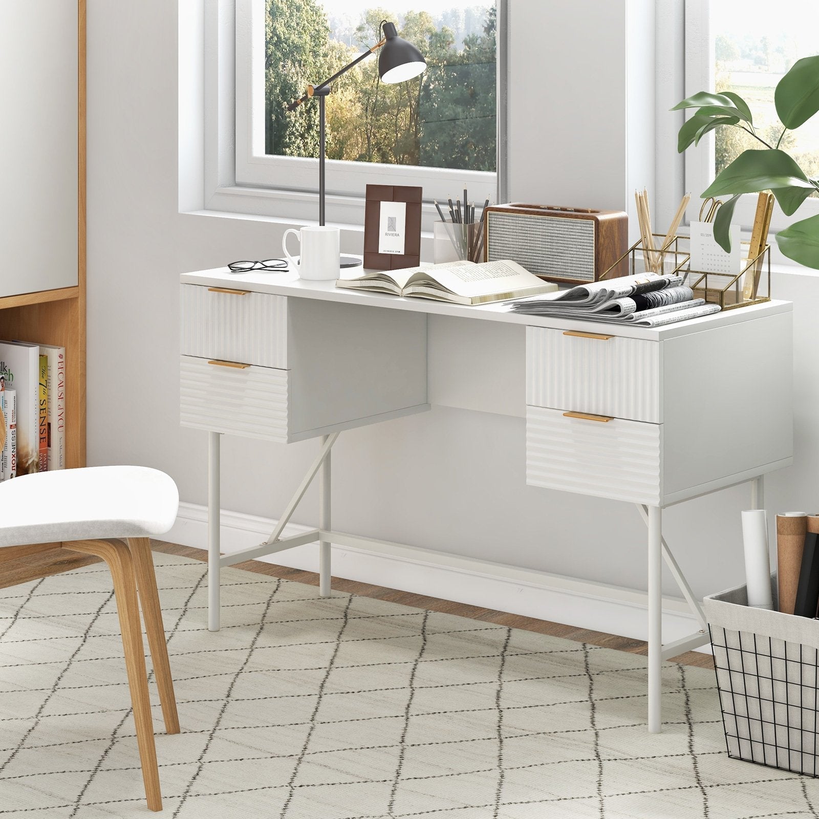 Modern Computer Desk with 4 Drawers and Storage-White