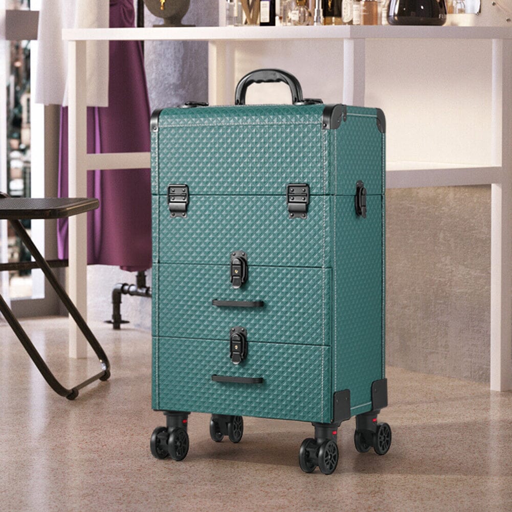 3 in 1 Large Dark Green Cosmetic Trolley Case on 360 Swivel Castors Wheels