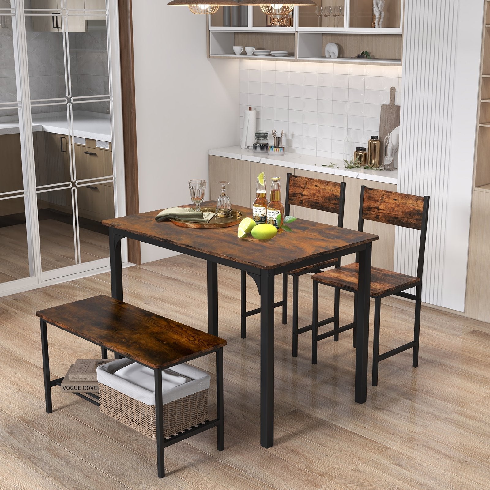 4-Piece Dining Table Set with Storage Shelf and Metal Frame-Coffee