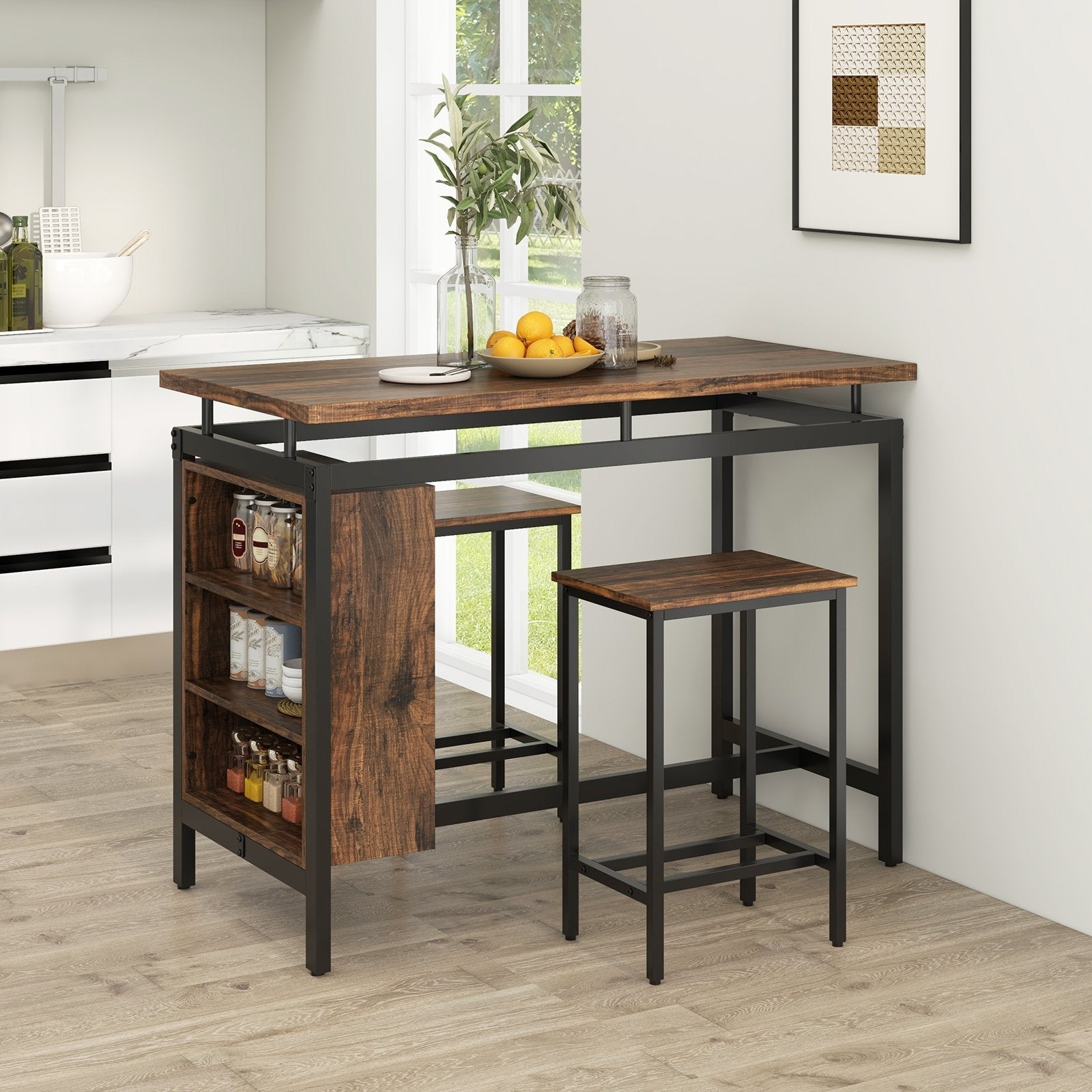 3-Piece Dining Table Set with 3-Tier Storage Shelf and Metal Frame-Coffee