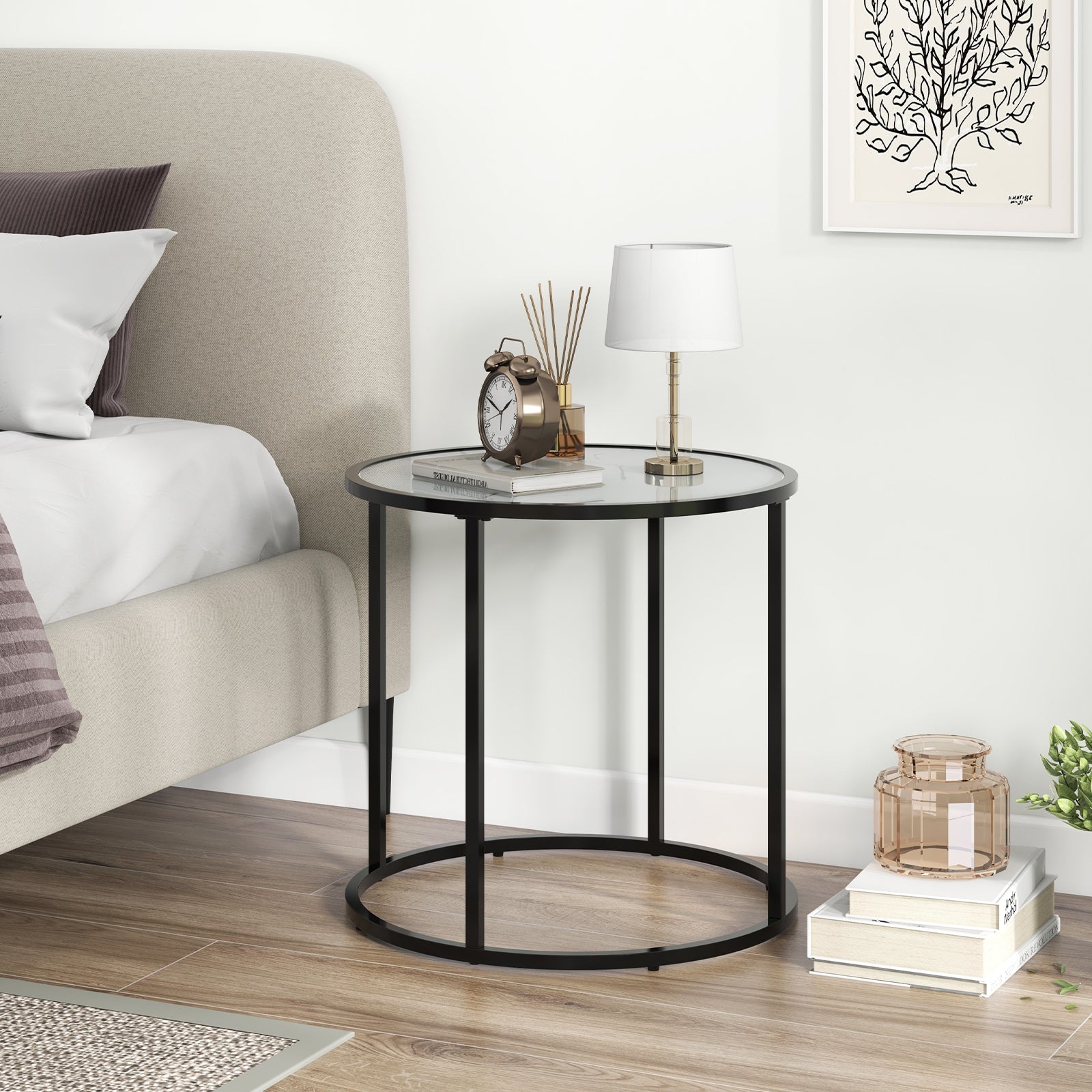 50CM Round Side Table with Metal Frame and Faux Marble Glass Top-White