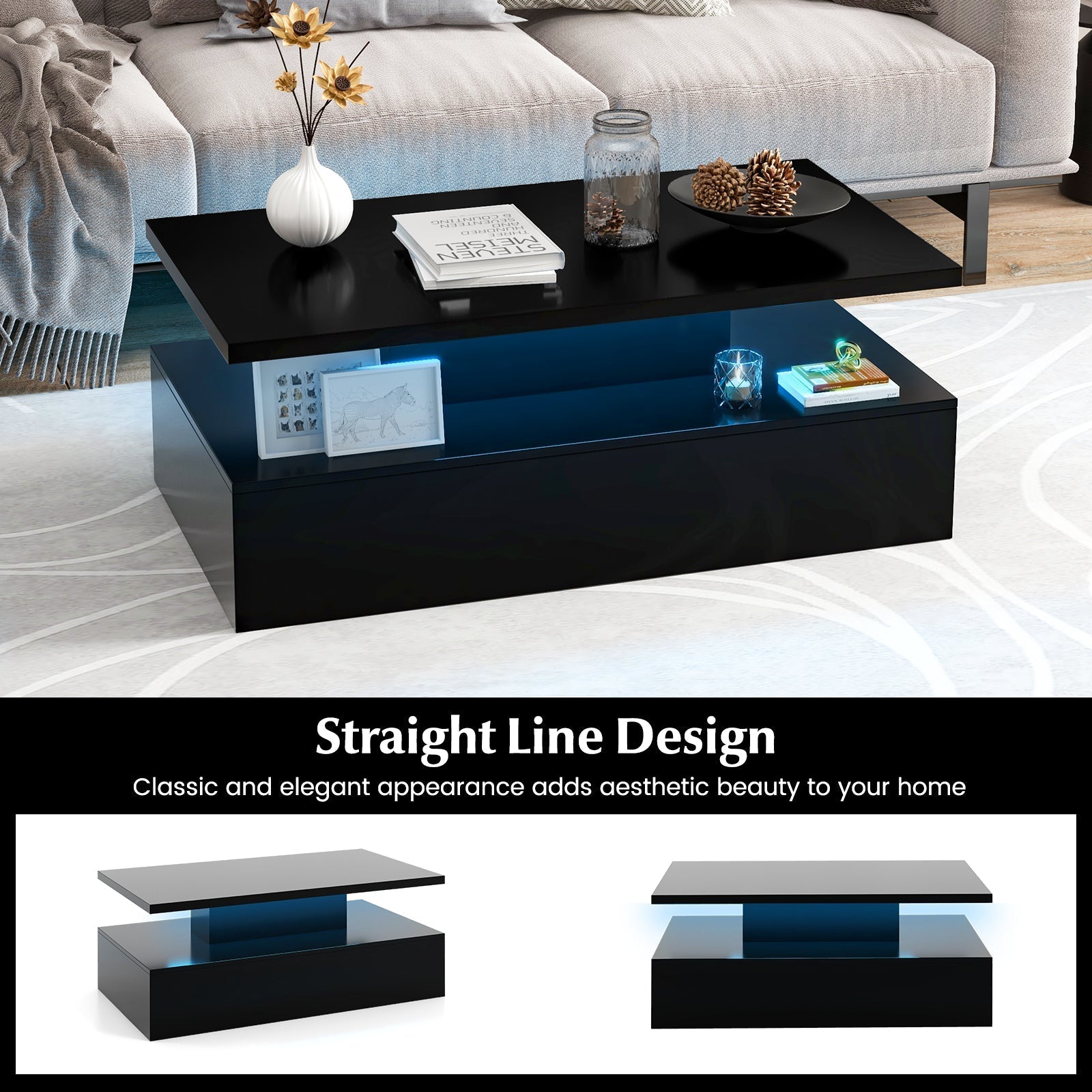 Modern 2-tier High Glossy Black Coffee Table with Adjustable Light Colors-Black