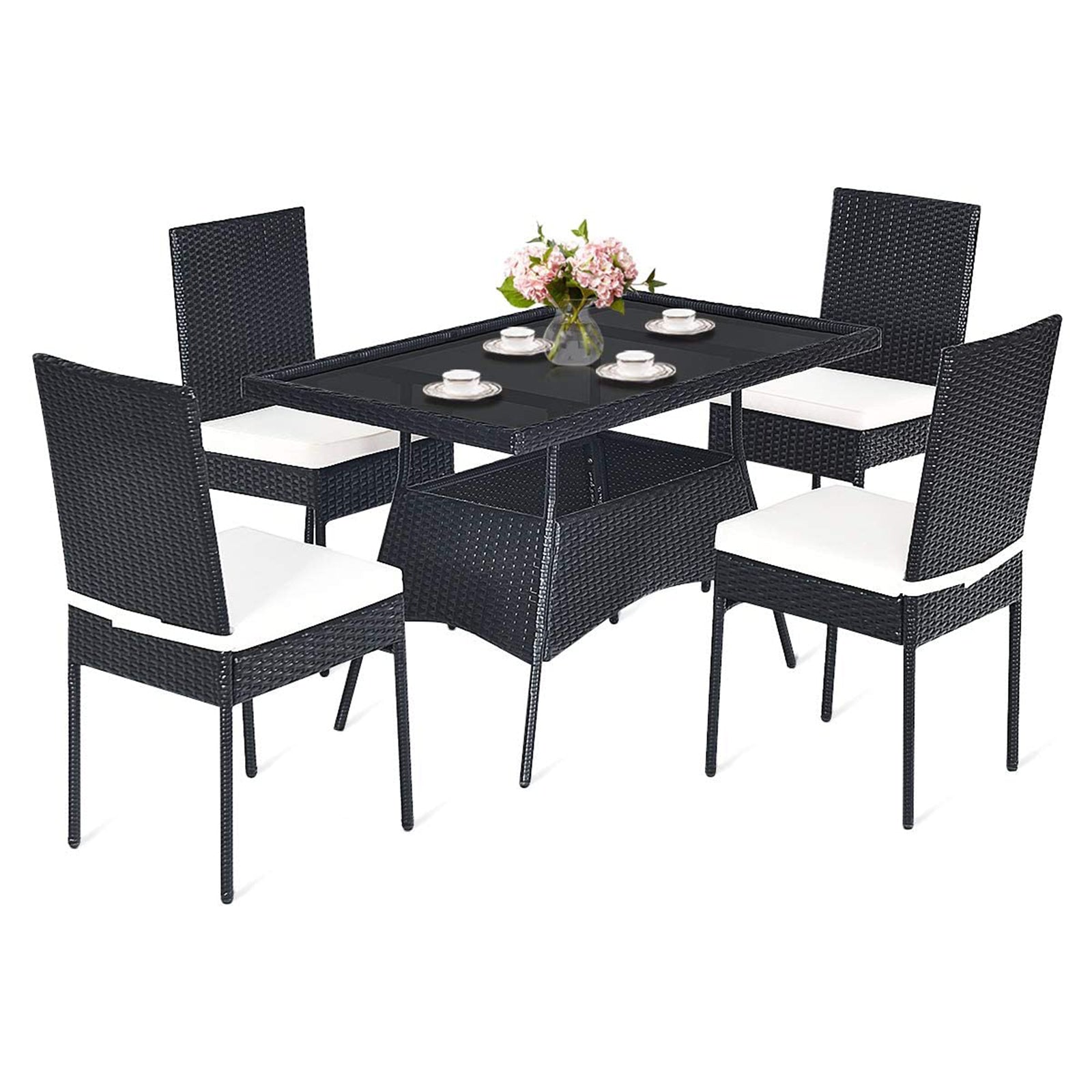 5-Piece Patio Rattan Dining Set  with Tempered Glass Top and Removable Cushions