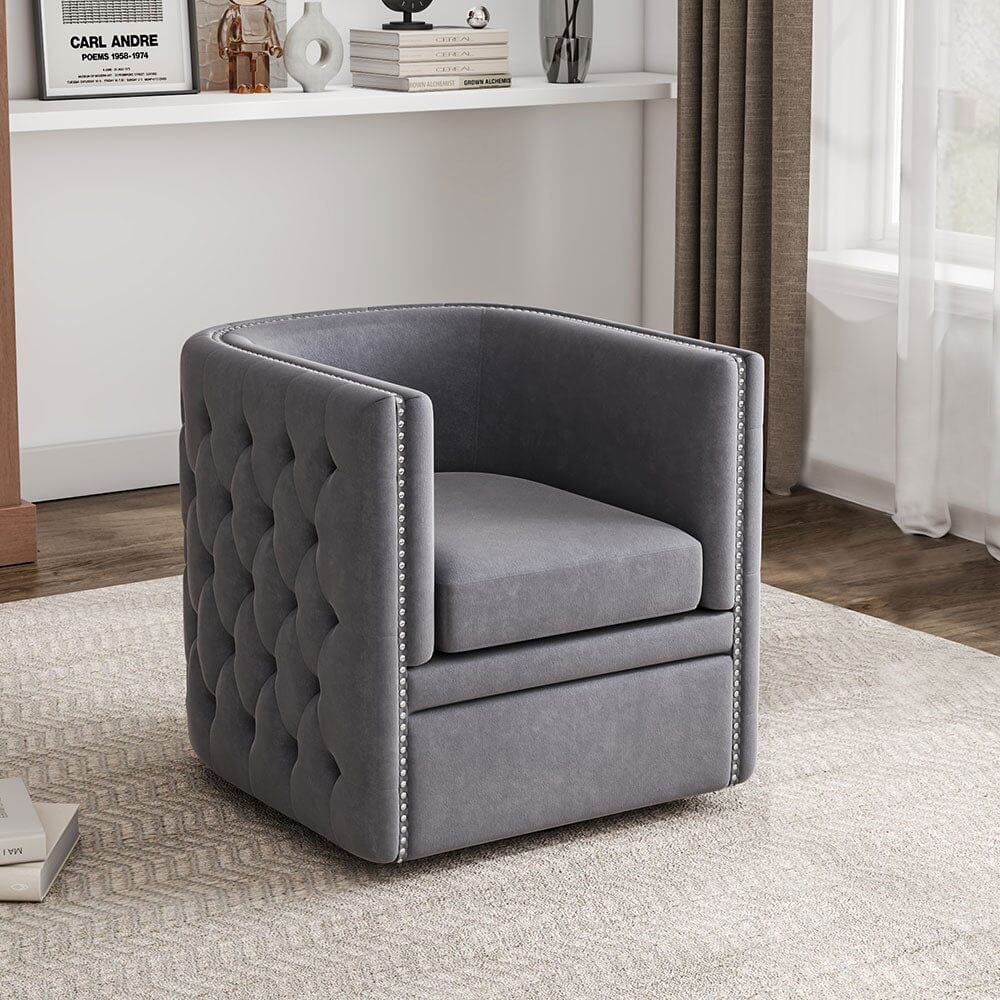 Grey Tufted Velvet Barrel Swivel Accent Chair