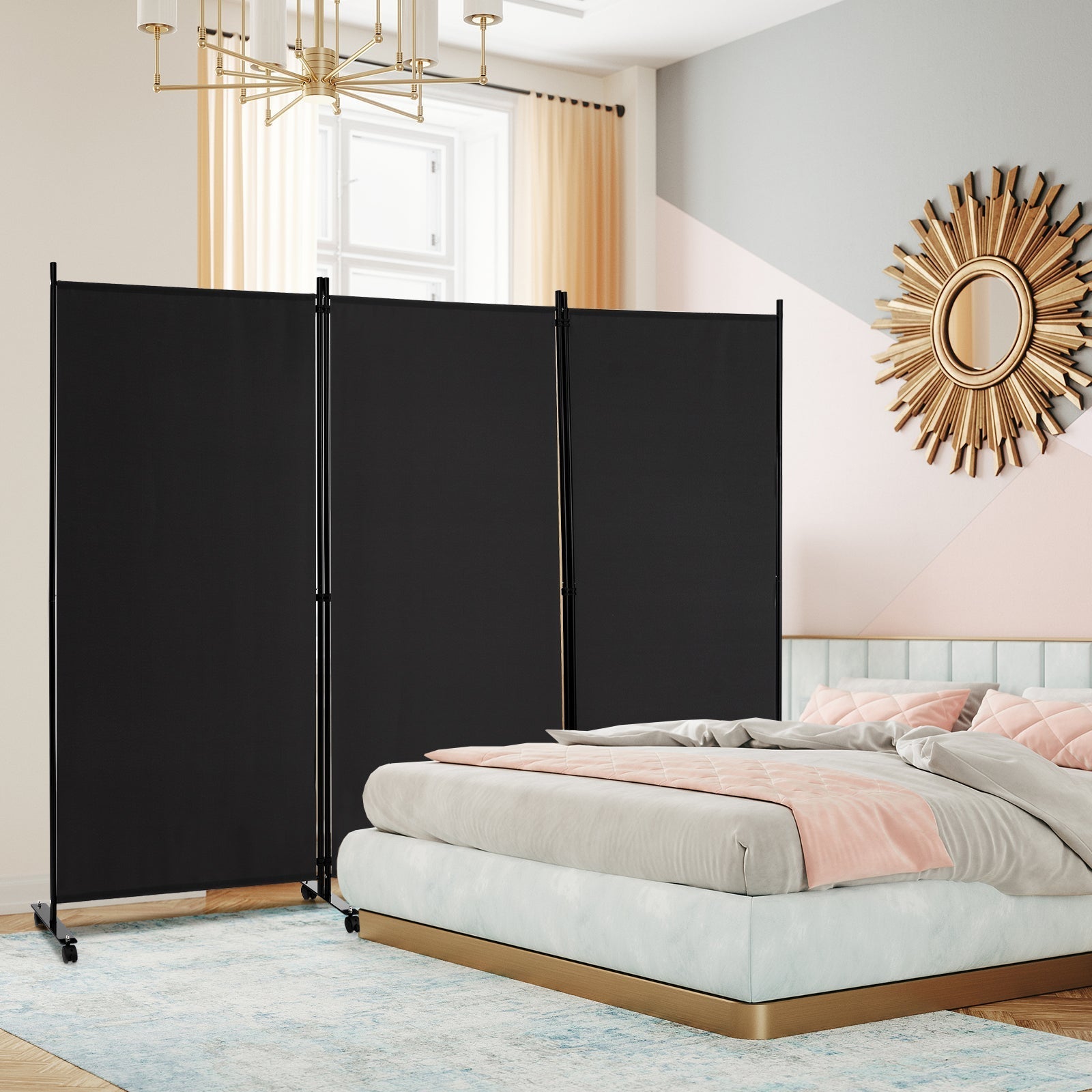 3-Panel Folding Room Divider with Wheels for Living Room Bedroom-Black