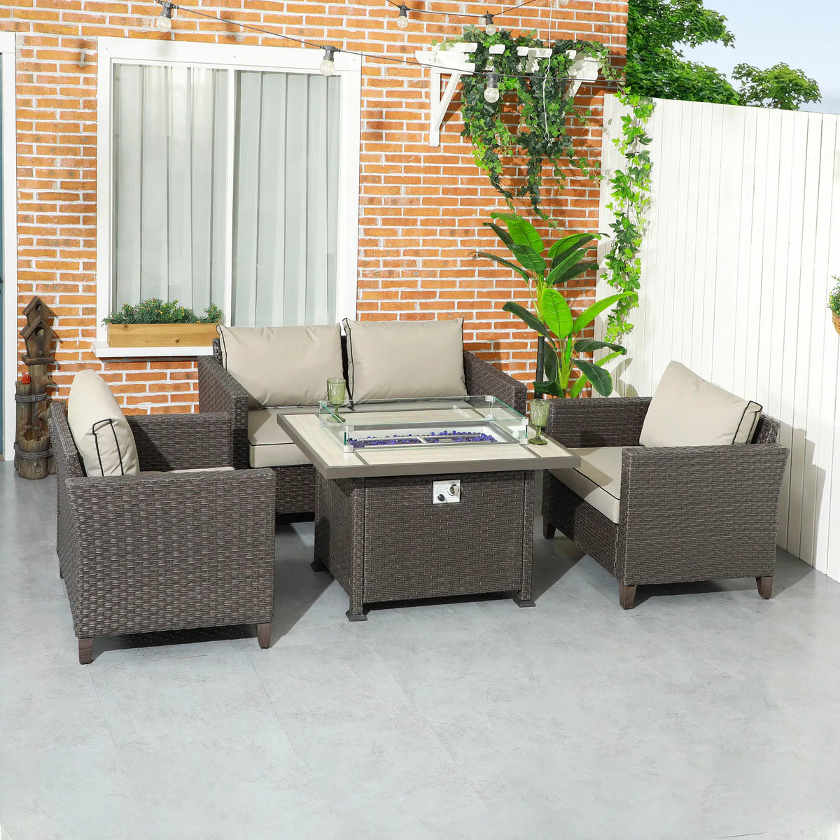 4-Seater Rattan Furniture Set with Fire Pit Table – Dark Brown