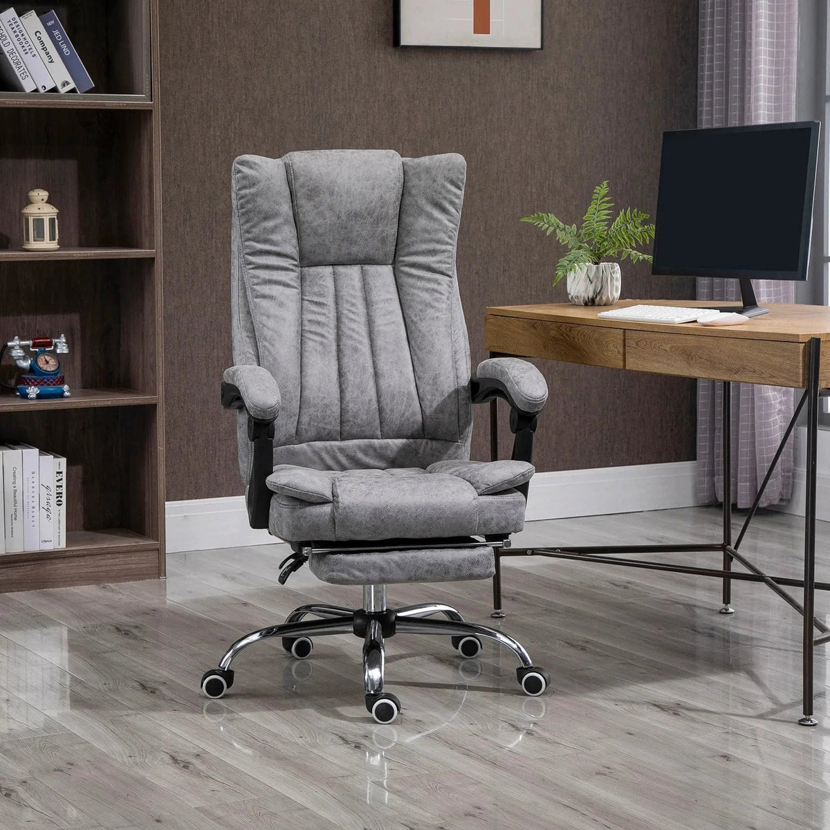 Reclining Office Chair with Armrests and Footrest – Grey