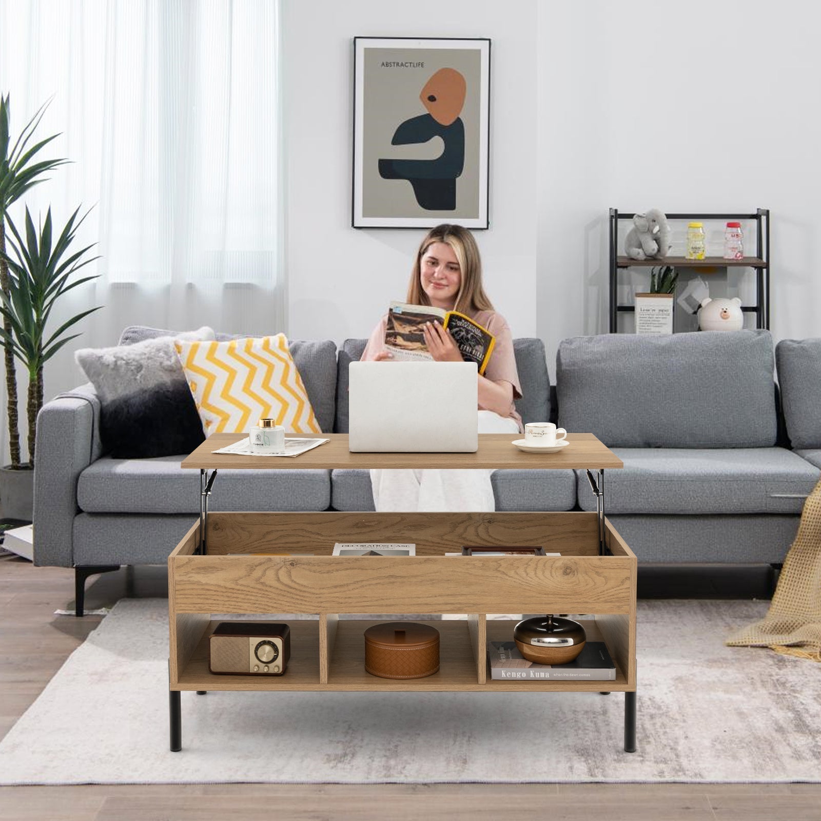 Lift Top Coffee Table with Large Hidden Compartment and 3 Open Cubbies-Natural