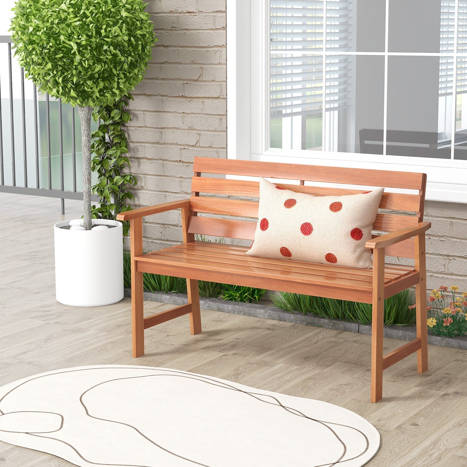 Patio Hardwood Bench Wood 2-Seat Chair with Breathable Slatted Seat