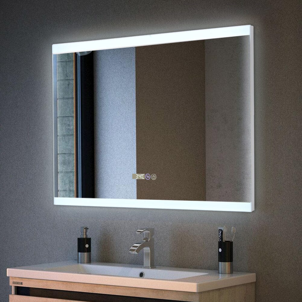 Large Rectangular Frameless Anti-Fog LED Vanity Mirror with Clock