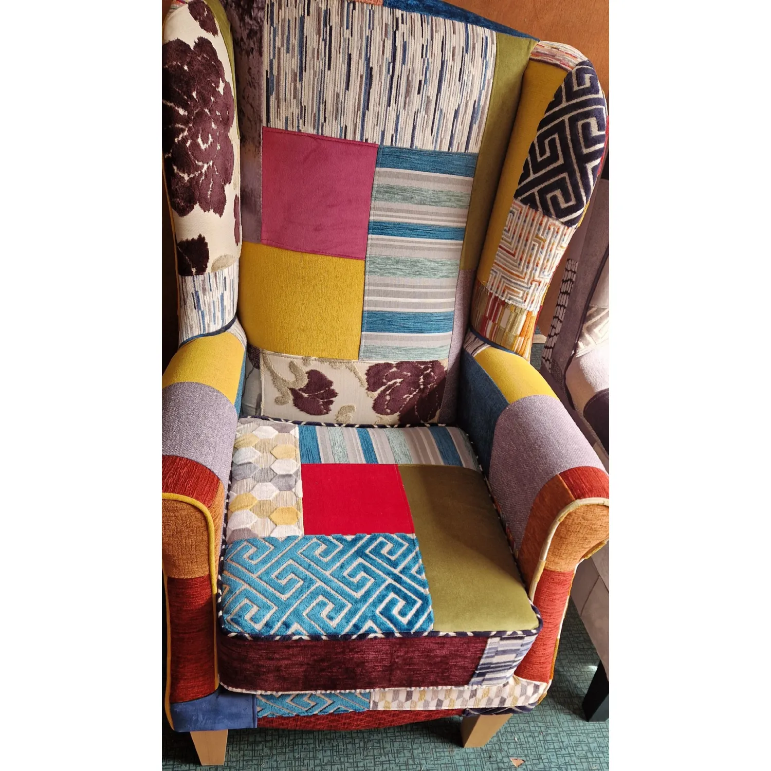 Patchwork Linen Upright Winged Armchair with Optional Stool