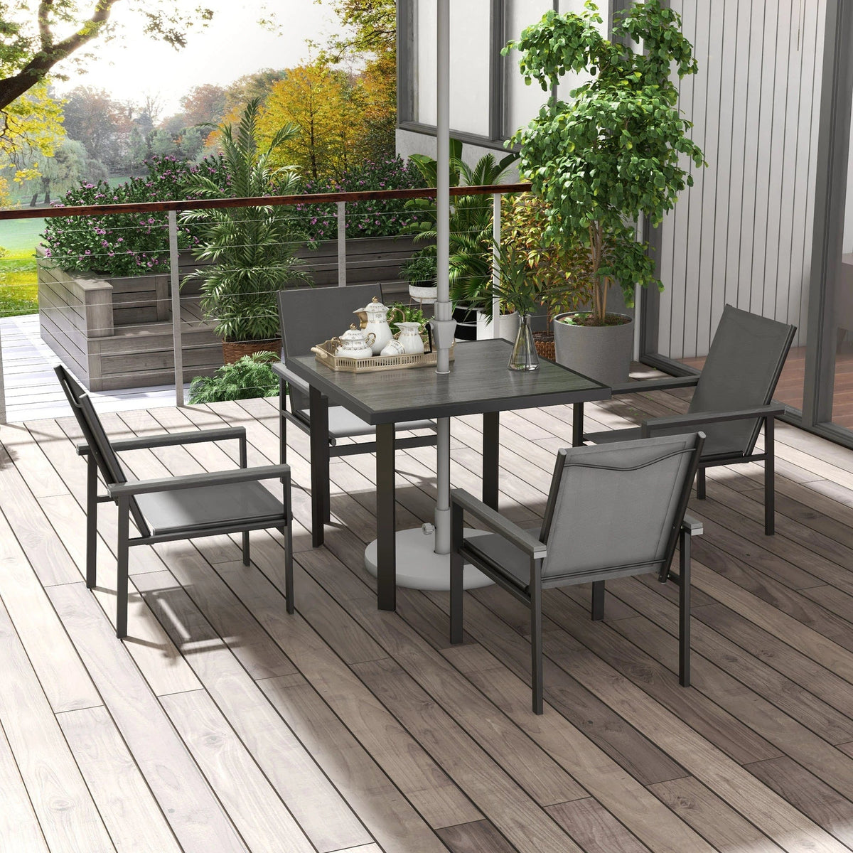 5-Piece Garden Dining Dining with Breathable Mesh Chairs and Glass Top Table – Grey – Outsunny