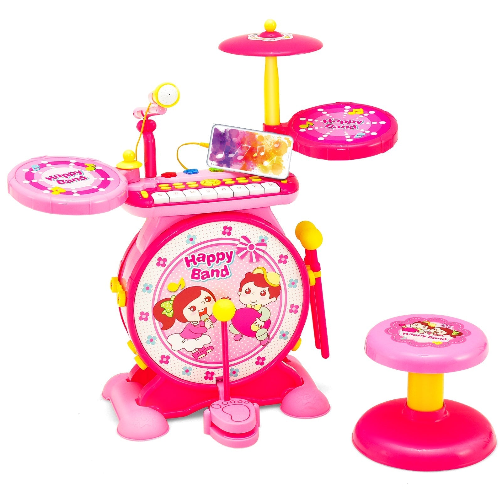 3-in-1 Kids Drum Set with 8 Keys Keyboard and LED Lights-Pink